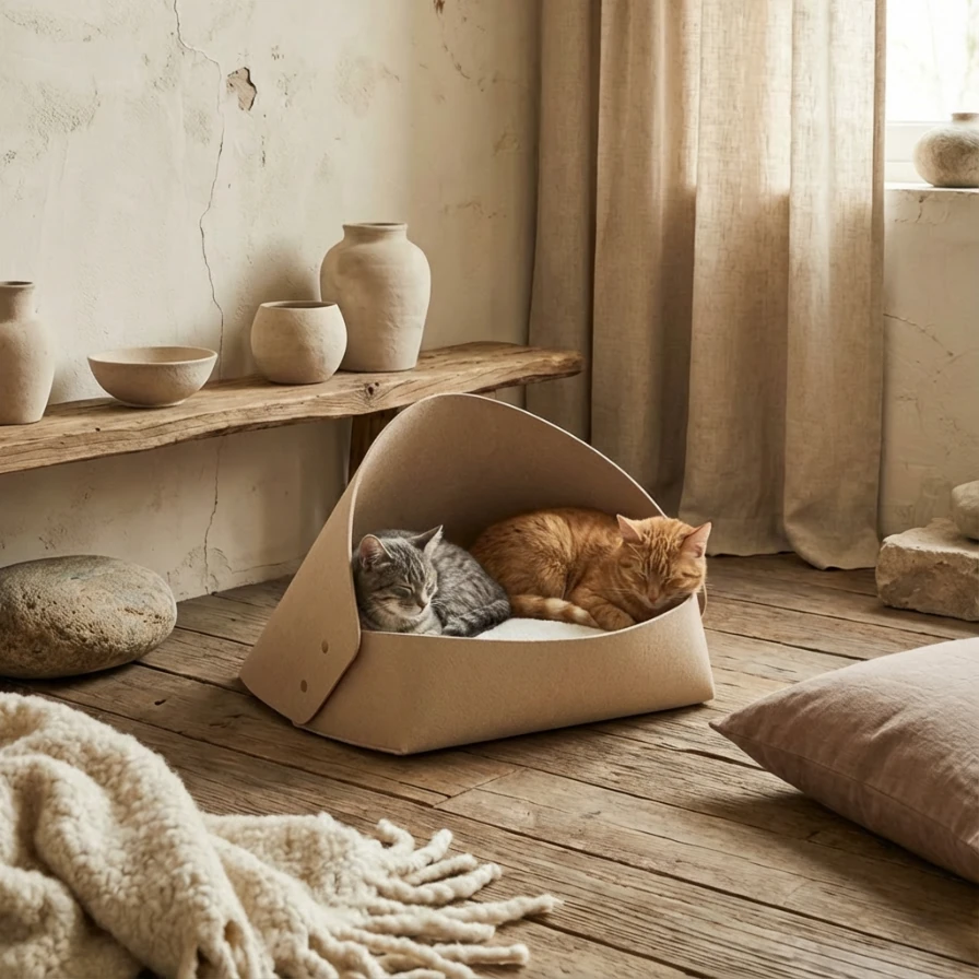 Two cats rest peacefully in a minimalist snap-button felt cat cave, nestled on rustic wood floors amidst neutral ceramics and soft textiles, embodying harmonious pet living in a calm, wabi-sabi interior.
