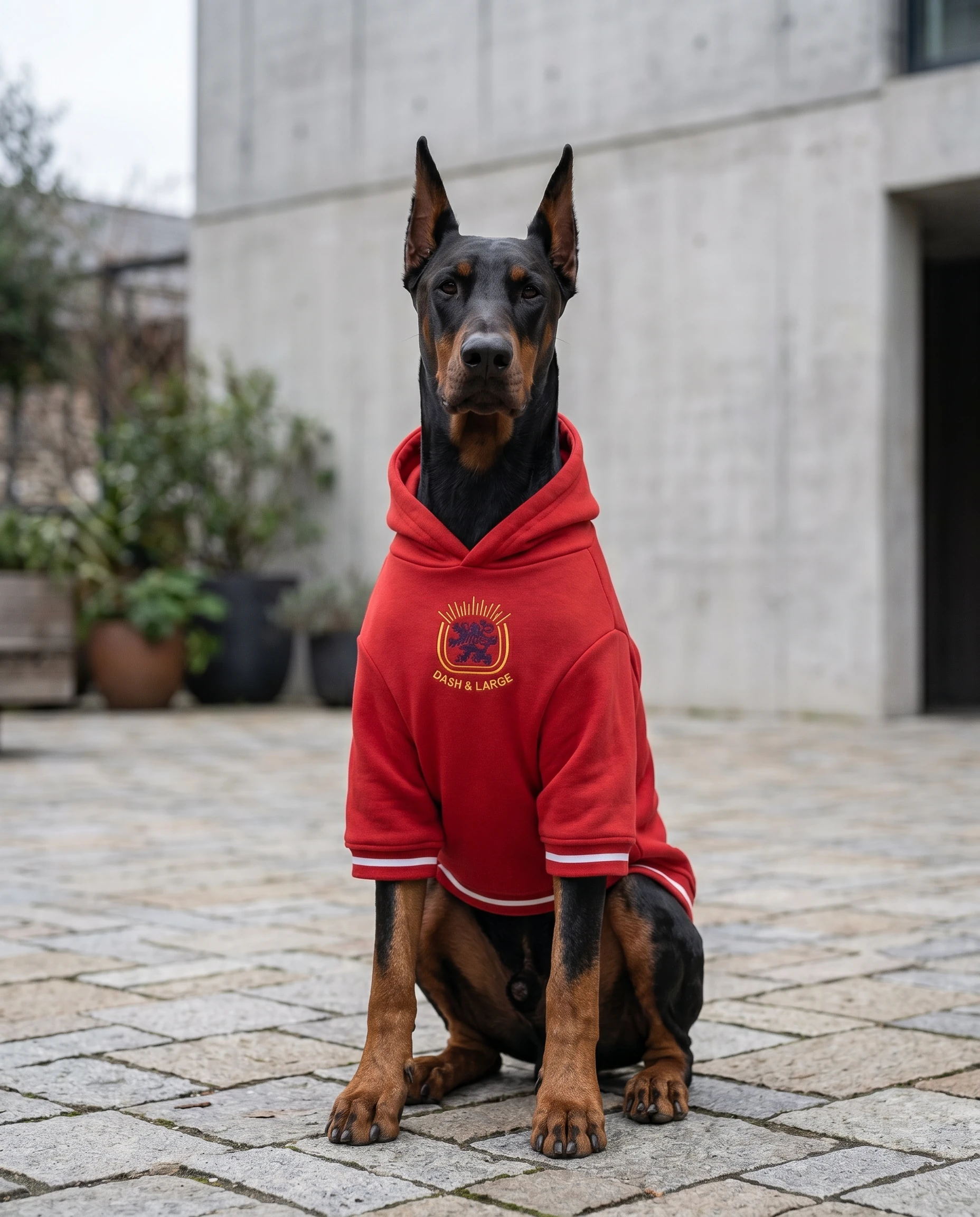 Doberman in NookPaws Heritage Red Deep-Chest Hoodie, soft fleece texture, minimalist fit for deep-chested breeds, calm urban setting, Wabi-sabi aesthetic