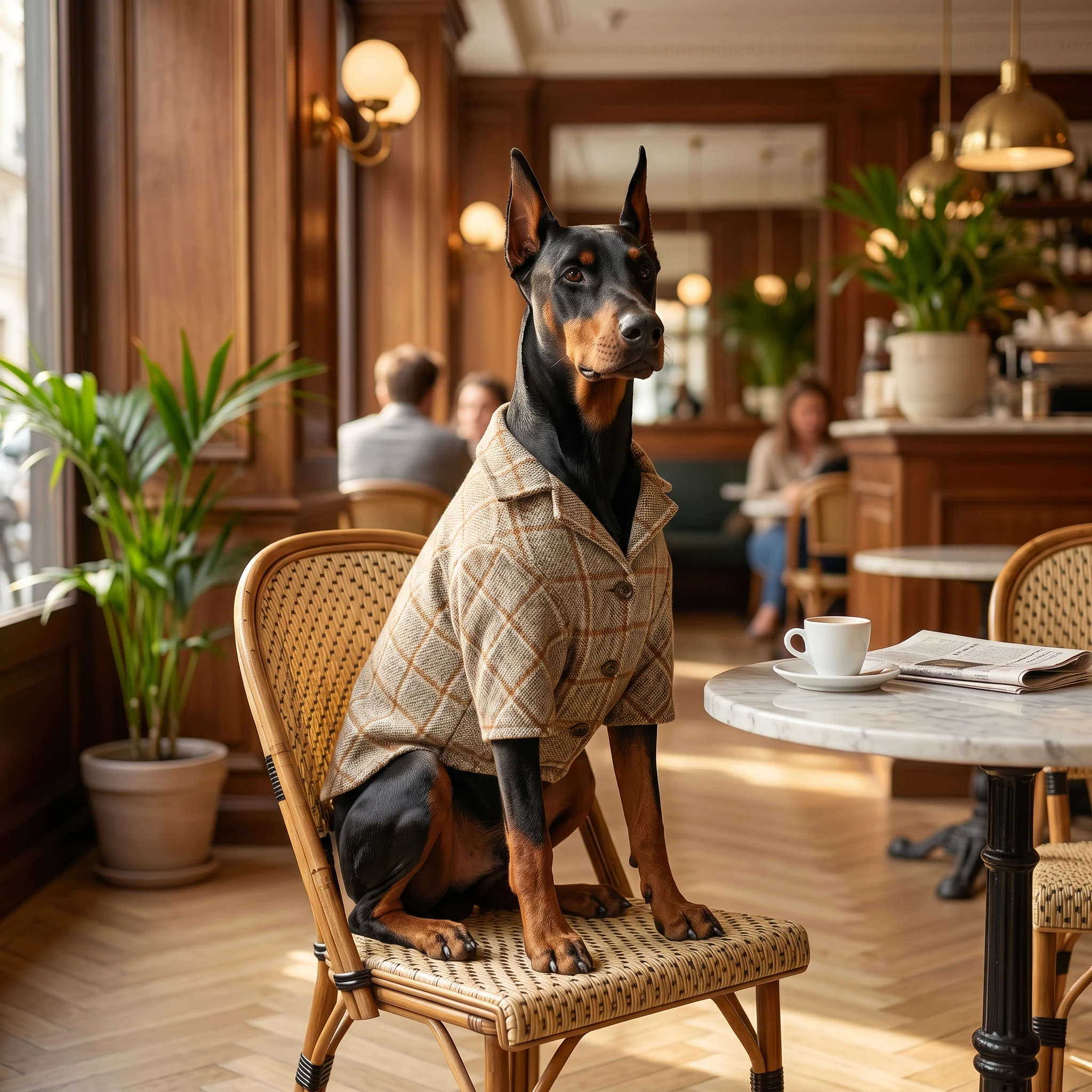Doberman in tailored wool-blend blazer, seated at café table with warm sunlight filtering through windows, woven texture and natural tones evoke minimalist elegance for deep-chested breeds.