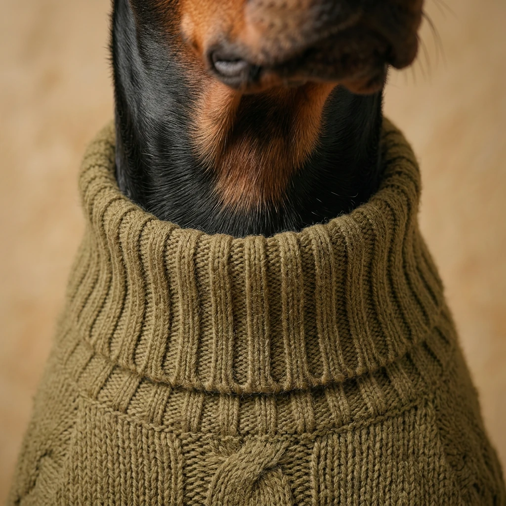 Olive cable-knit dog sweater for deep-chested breeds, soft ribbed collar framing a Doberman’s neck, warm neutral tones, minimalist warmth for winter walks.
