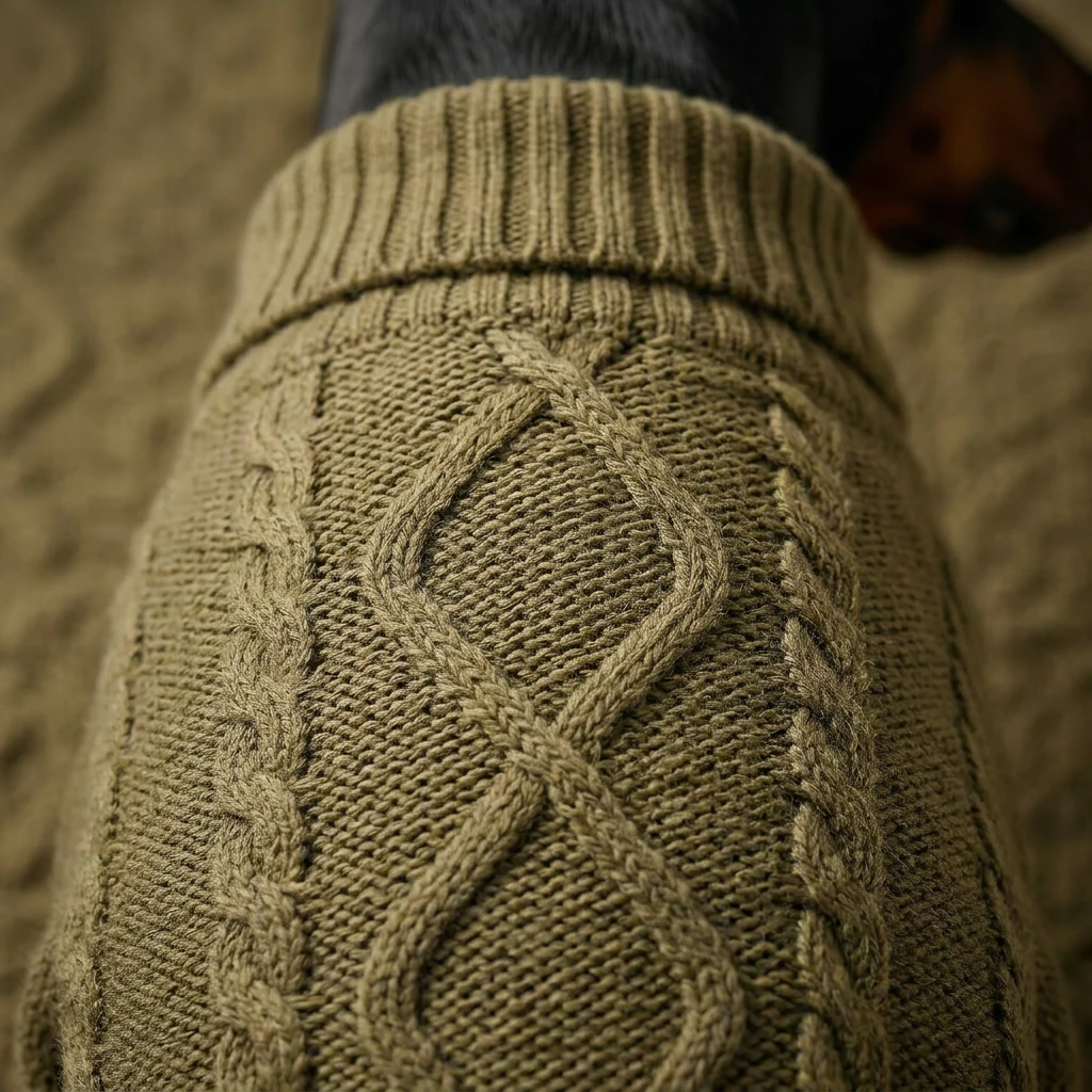 Olive cable-knit dog sweater for deep-chested breeds, showcasing textured warmth and minimalist fit on a Doberman’s chest.