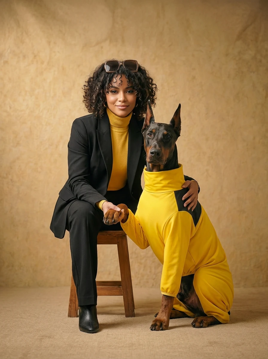 Doberman in mustard yellow rain layer, full coverage design for deep-chested dogs, minimalist fit with smooth fabric, warm studio lighting, calm interaction with owner in black suit and yellow turtleneck.
