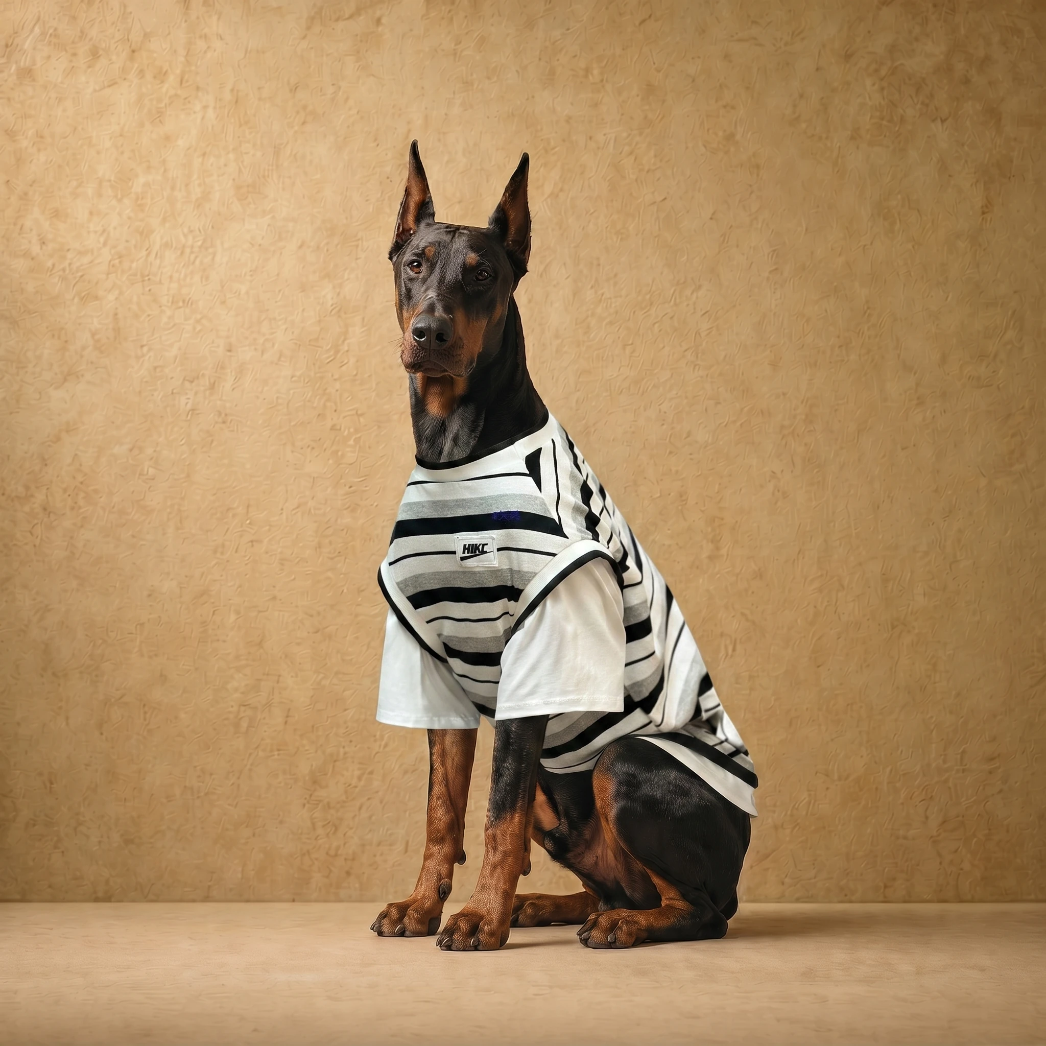 Doberman wearing a black and white striped shirt with a clean athletic fit, designed for deep-chested breeds, sitting calmly against a warm textured backdrop. Clothes that fit dobermans.