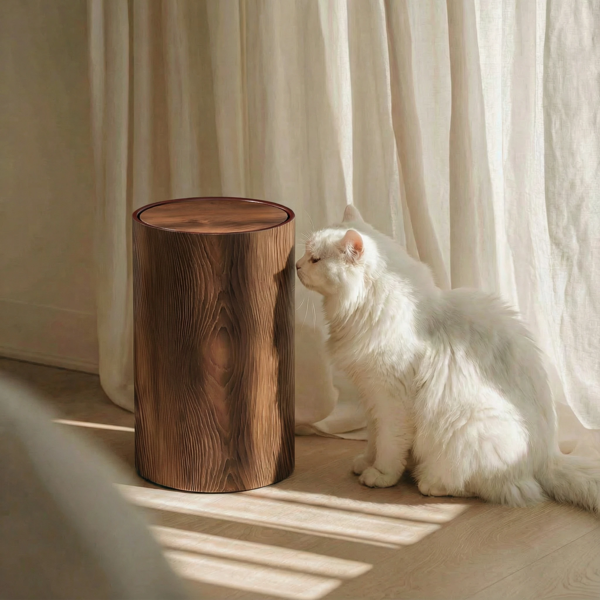 Cylindrical wood-grain waste bin with concealed liner sits beside a white cat in soft sunlight, blending seamlessly into a calm, minimalist interior with neutral tones and natural textures for harmonious pet living.