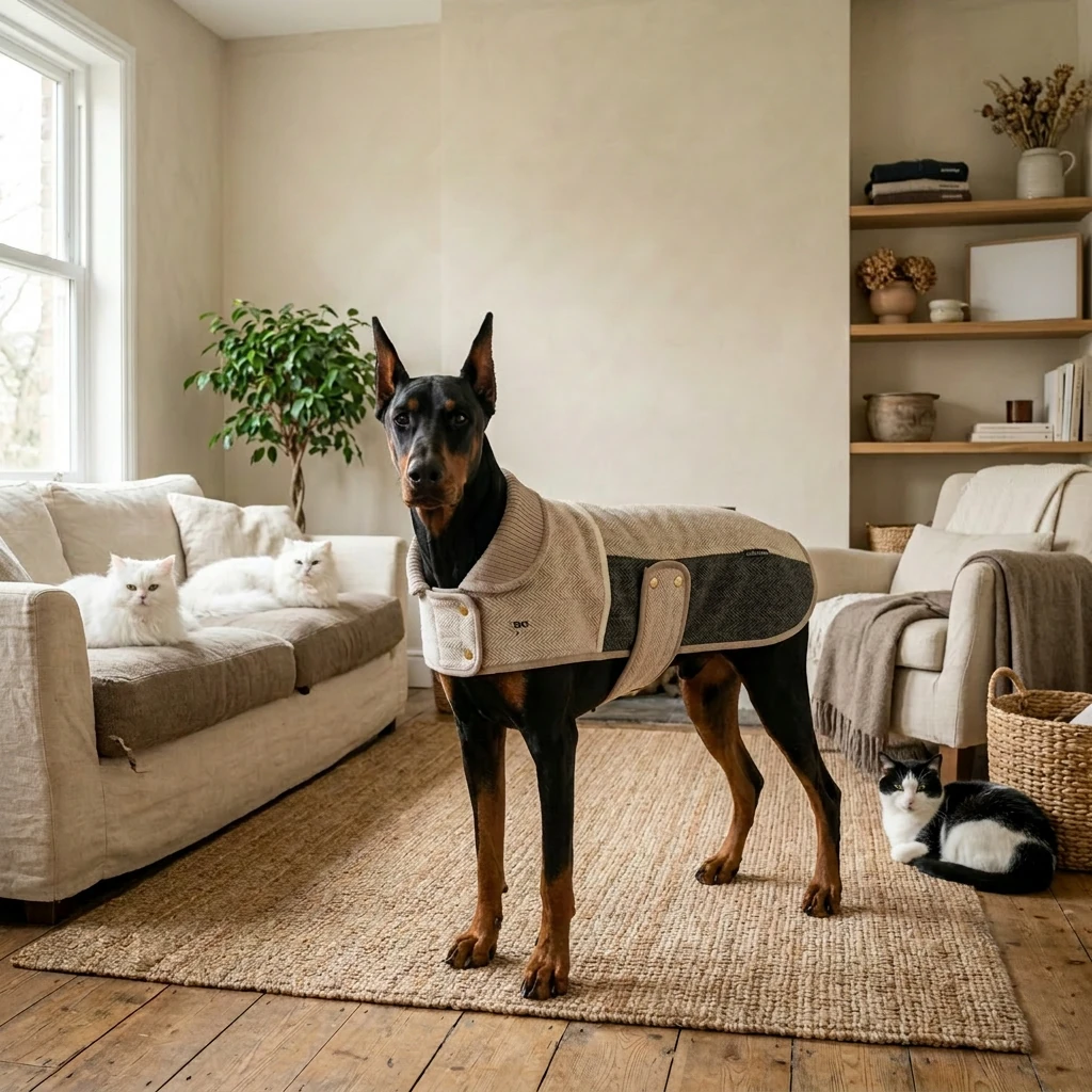 Doberman in a neutral-toned, close-fitting dog recovery suit with structured panels, standing on a woven rug in a calm, minimalist living space.