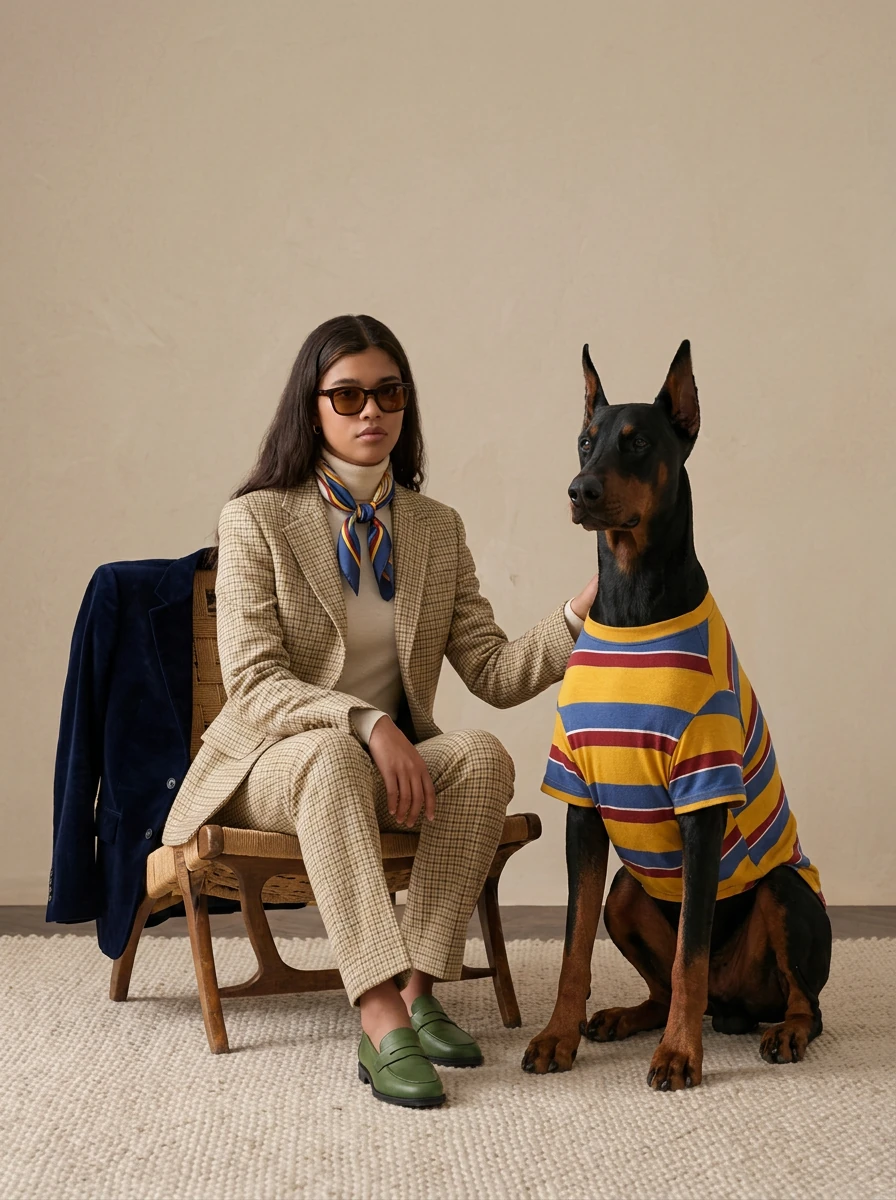 Doberman in NookPaws™ Deep-Chest Striped Layer — soft cotton-blend sweatshirt for deep-chested breeds, minimalist design, warm earth tones, textured weave, calm indoor setting.