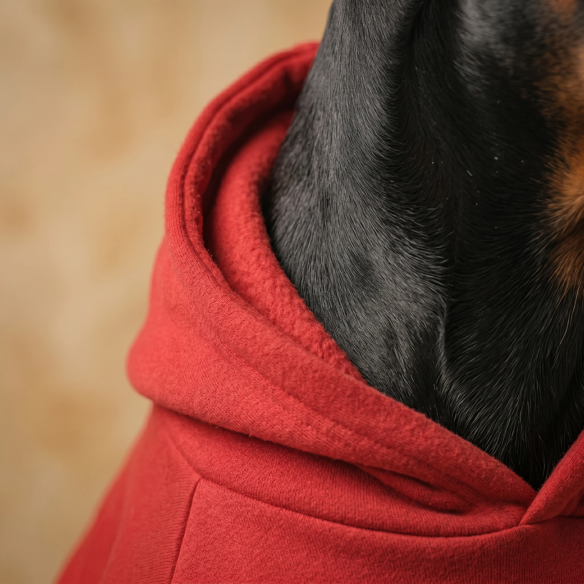 Rich red fleece dog hoodie with soft texture embracing a Doberman’s neck, showcasing deep-chested fit and minimalist design for cold-weather comfort.