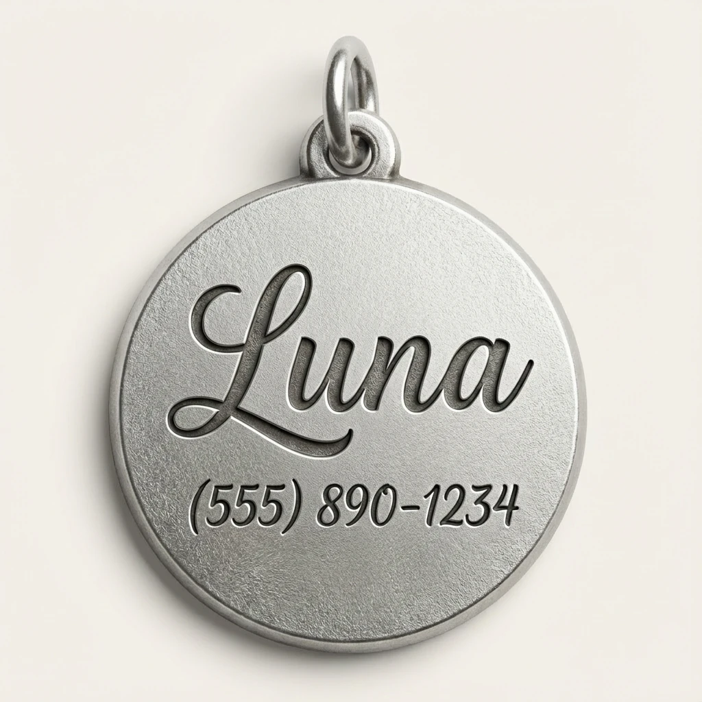 Circular silver pendant with hand-finished engraving of the name "Luna" in elegant script and contact number below, crafted for harmonious pet living.