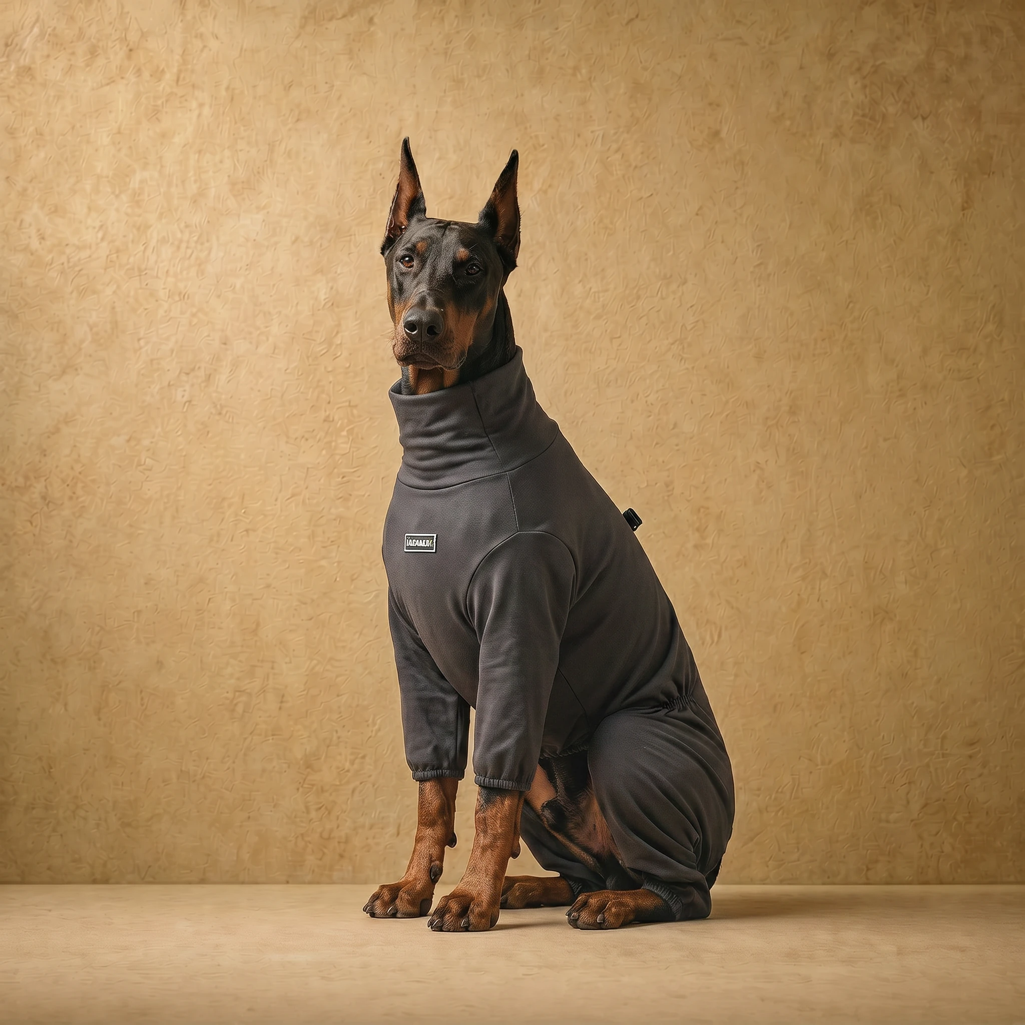 Doberman in a charcoal recovery suit with high neck and full coverage, designed for deep-chested breeds, sitting calmly against a warm textured backdrop.