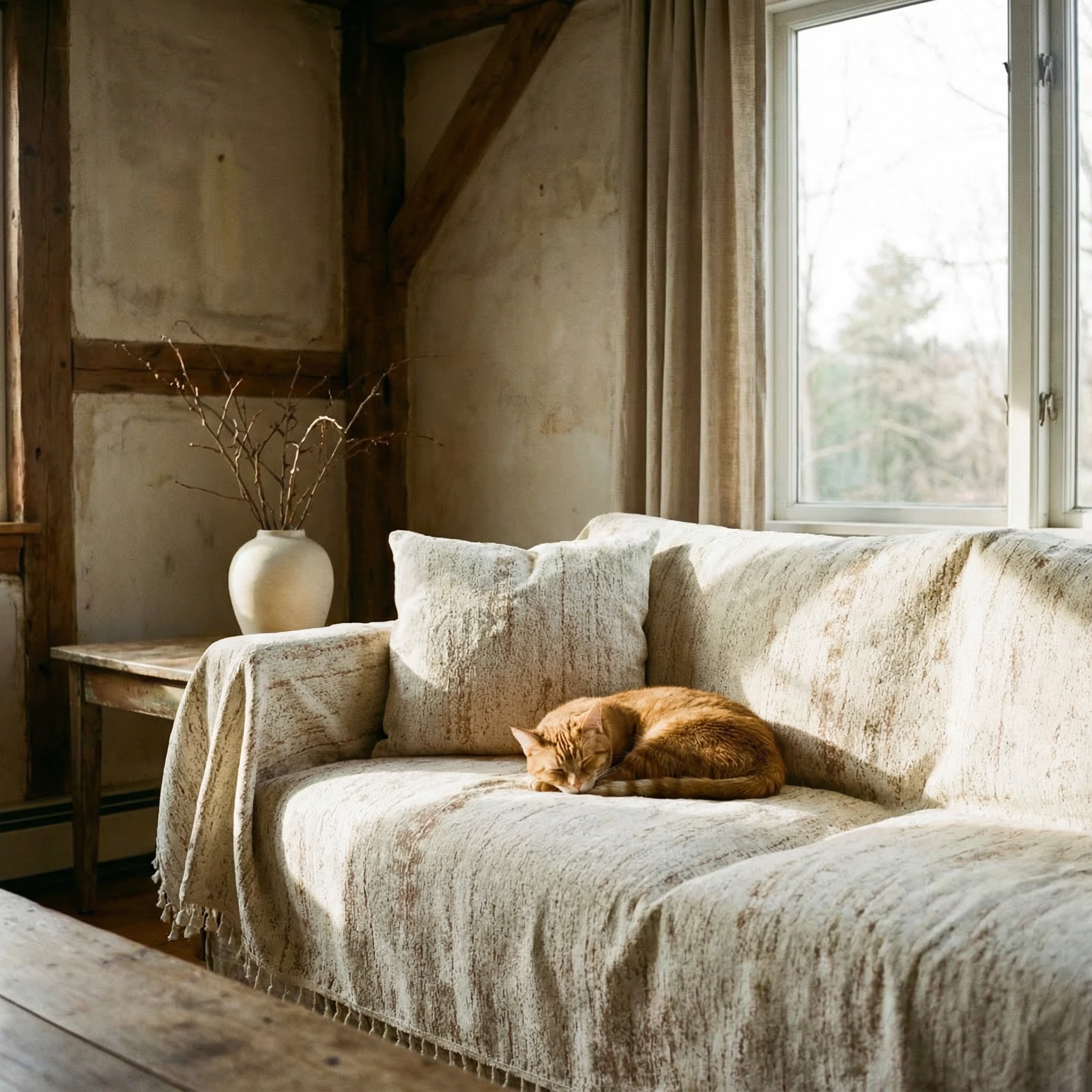 Soft woven chenille throw in neutral tones drapes a sofa, its textured surface cradling a sleeping ginger cat in a sunlit wabi-sabi living space with exposed beams and calm, minimalist decor.