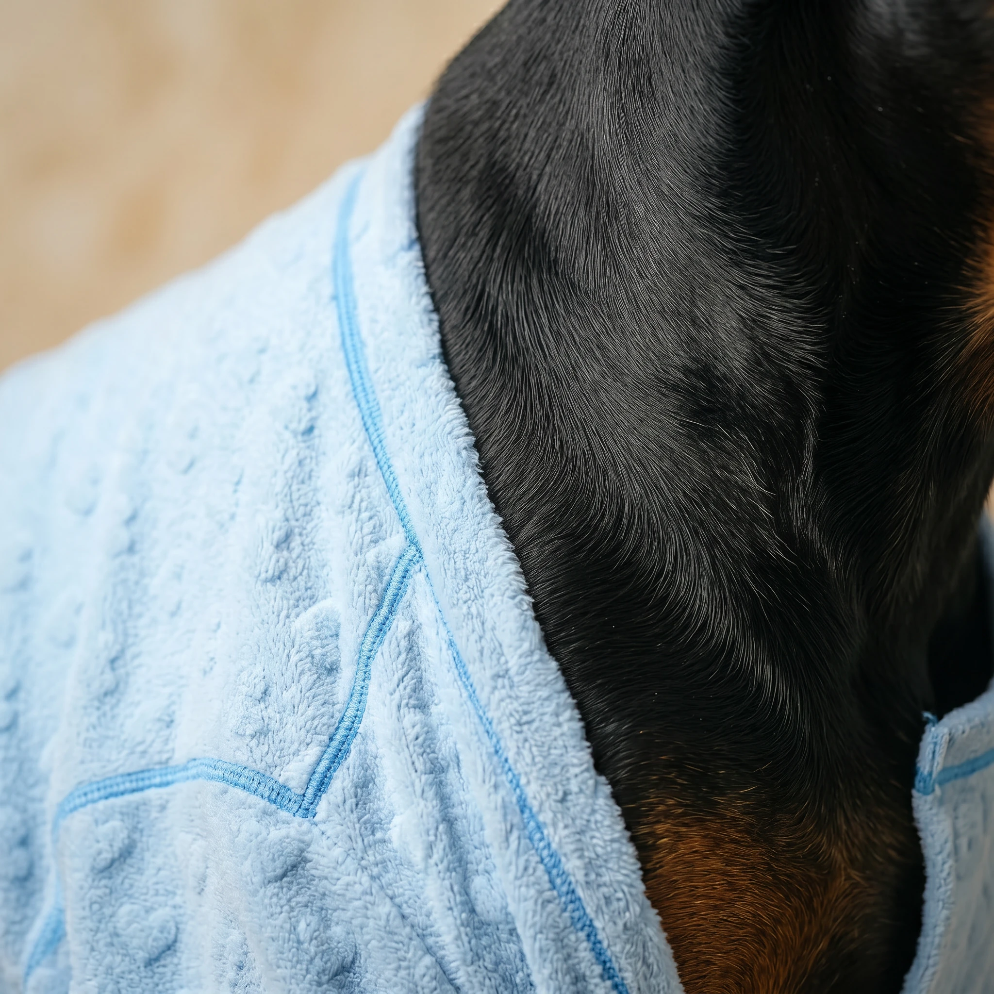 Soft sky blue NookPaws™ Deep Chest Indoor Layer on a Doberman, showcasing breathable texture and secure fit for recovery—calm, minimalist design for deep-chested breeds.