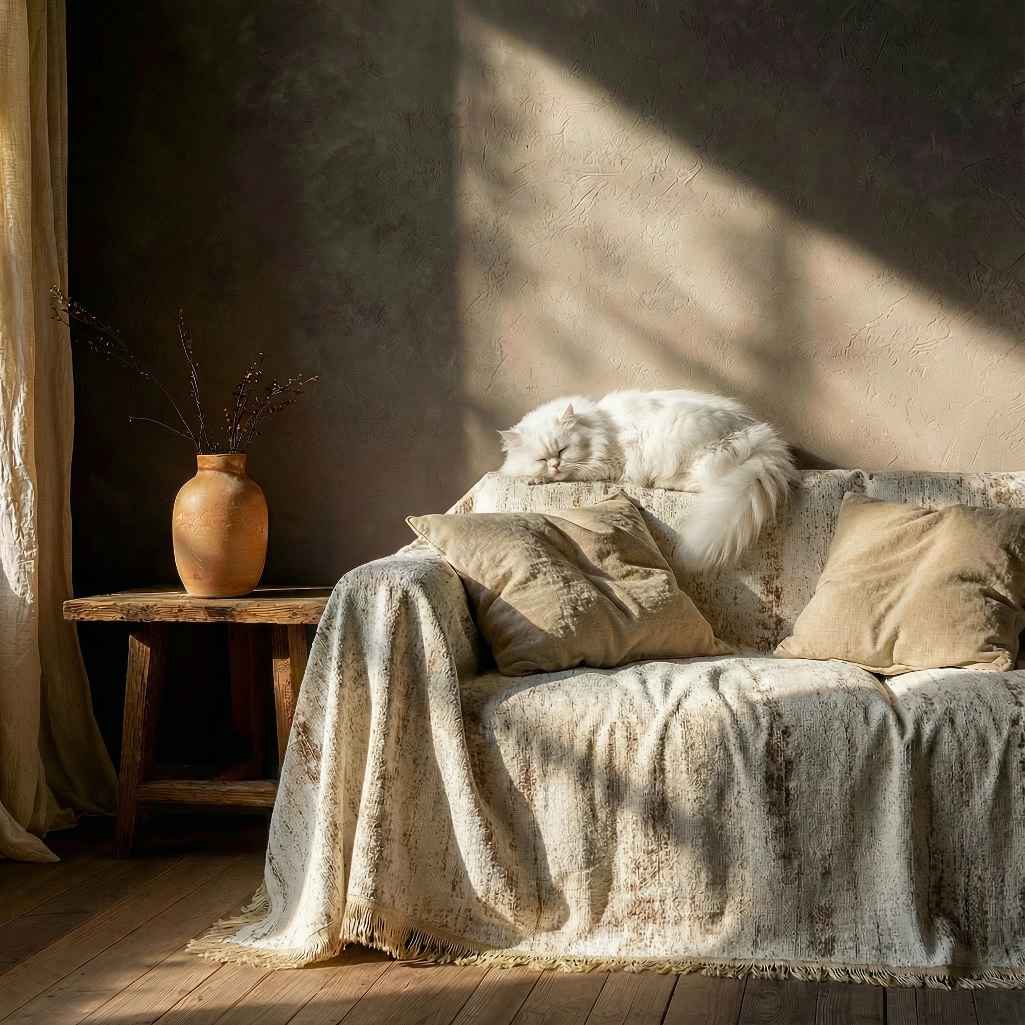 Soft woven chenille throw in neutral tones drapes over a sofa, its textured weave catching dappled sunlight. A fluffy white cat rests peacefully on the back, embodying harmonious pet living in a calm, wabi-sabi interior.