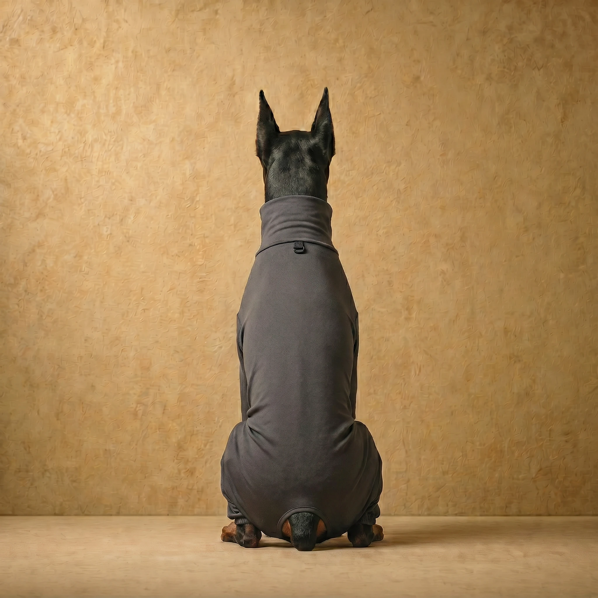 Doberman in a sleek, form-fitting charcoal recovery suit, showcasing full coverage and high stretch for deep-chested builds, with a clean, minimalist design against a warm textured backdrop.