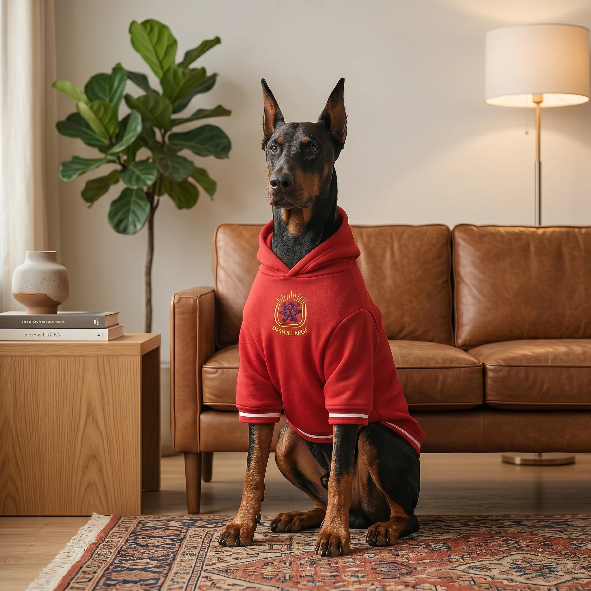 Doberman wearing NookPaws Heritage Red Deep-Chest Hoodie, seated on patterned rug in warm, minimalist living room with soft lighting and leather sofa background.