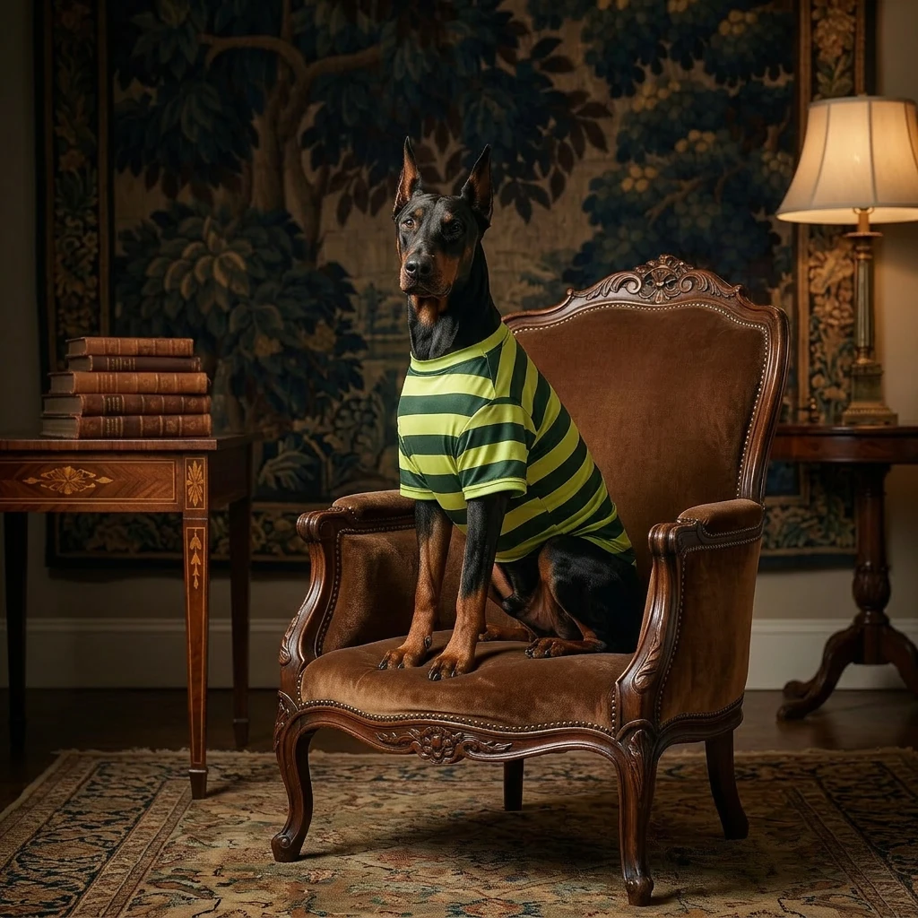 Doberman in NookPaws™ Deep Chest Striped Layer, a breathable minimalist tee for deep-chested dogs, seated in vintage armchair under warm lamplight, lime-green and dark-green stripes, natural fabric texture, calm indoor comfort.