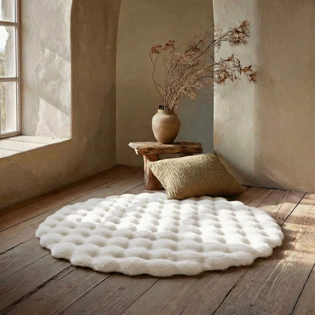 Cloud-soft white circular rug with bubble texture rests on rustic wood floor, nestled beside a woven pillow and wooden stool in a sunlit wabi-sabi corner.