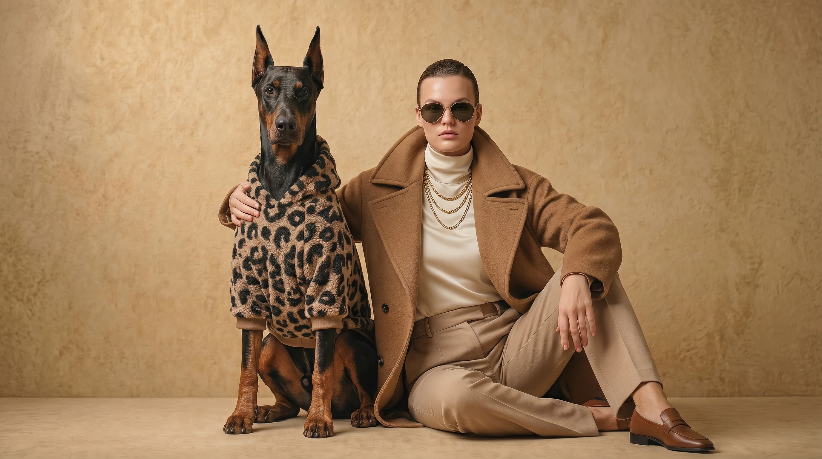Doberman in NookPaws™ Deep Chest Sherpa Hoodie, leopard print high-pile fleece for large-breed comfort, minimalist warmth, earthy tones, soft textured fabric, calm functional dog wear.