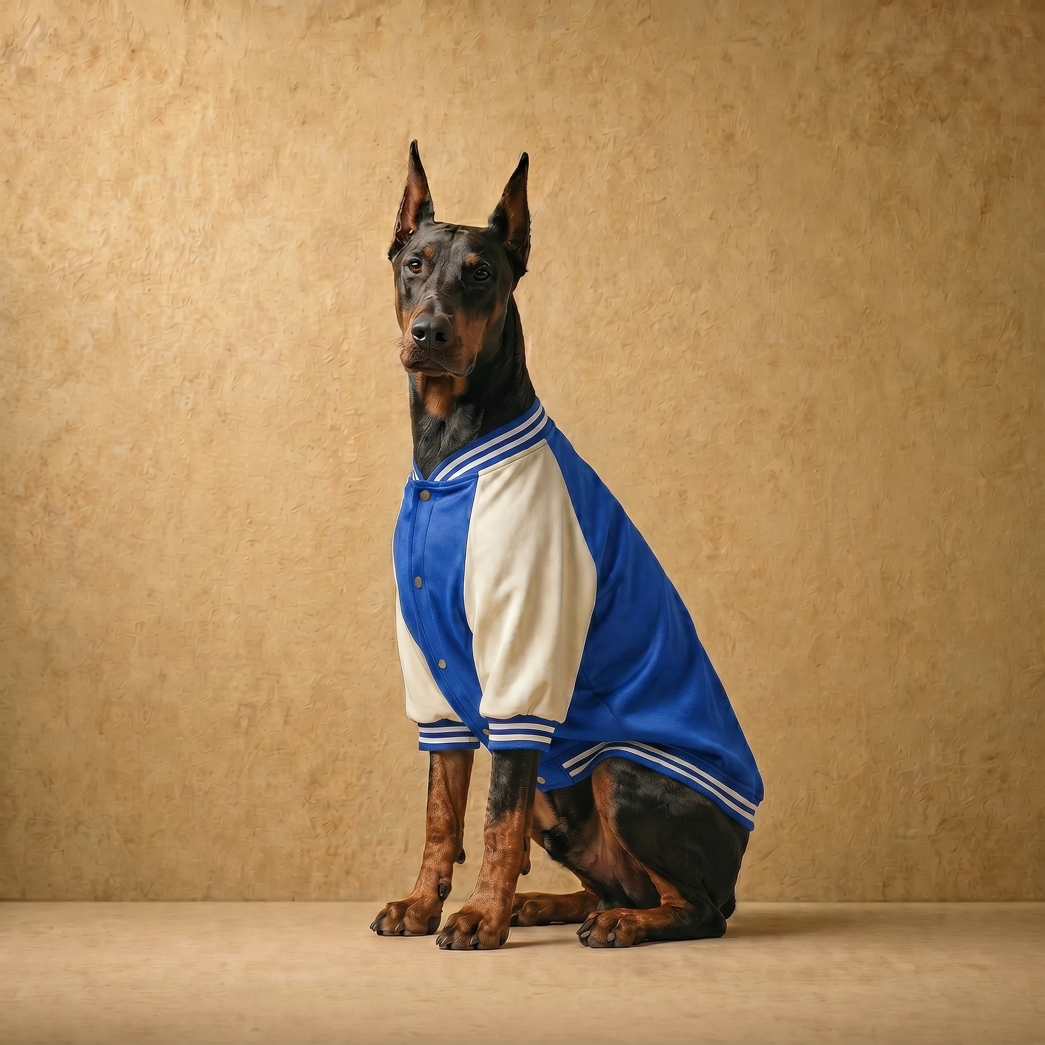 Doberman in a blue and cream varsity-style jacket with ribbed trim, designed for a close athletic fit; clothes that fit dobermans in a clean, functional design.
