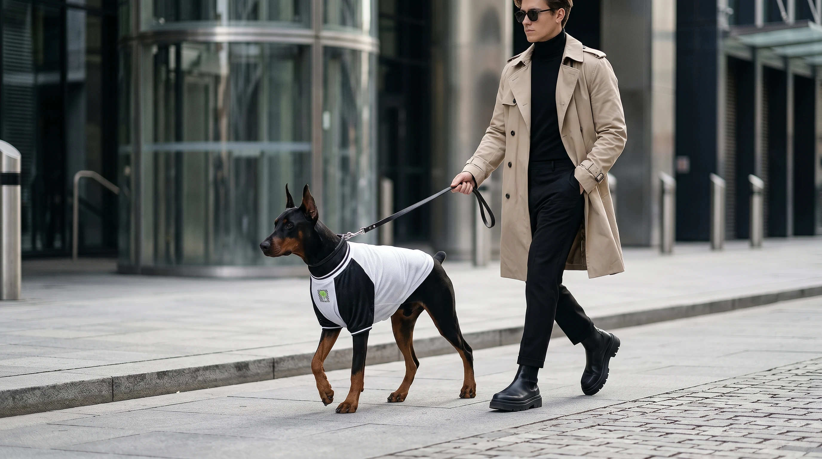 Doberman in minimalist dog apparel walks city streets, wearing a high-pile sherpa sweater—crafted for deep-chested breeds with soft texture and calm, functional design.
