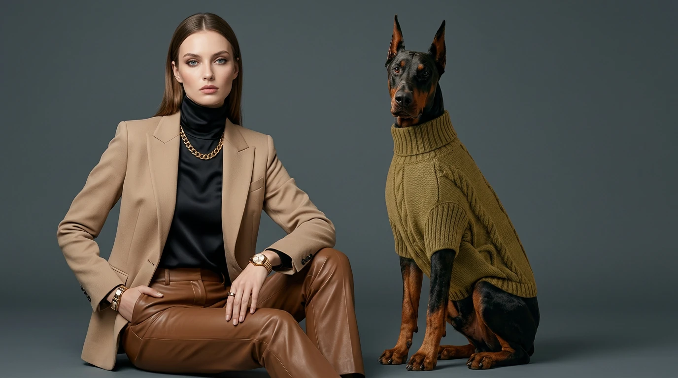 Doberman in olive green cable-knit dog sweater, designed for deep-chested breeds, showcasing minimalist warmth and fit with soft lighting and neutral tones.