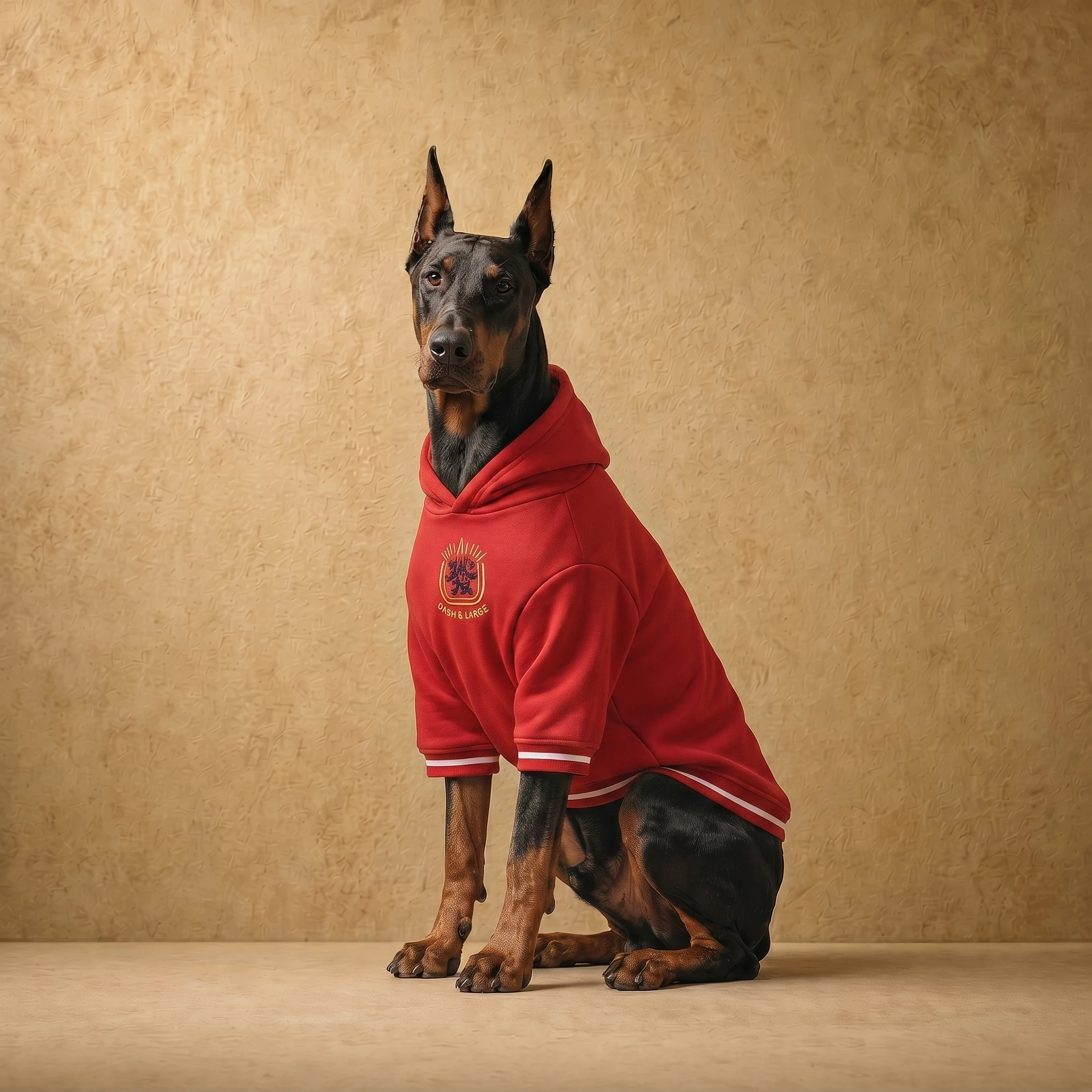 Doberman in a Heritage Red deep-chested dog hoodie with clean fit, soft fleece texture, and white trim, designed for large breeds in cool weather.