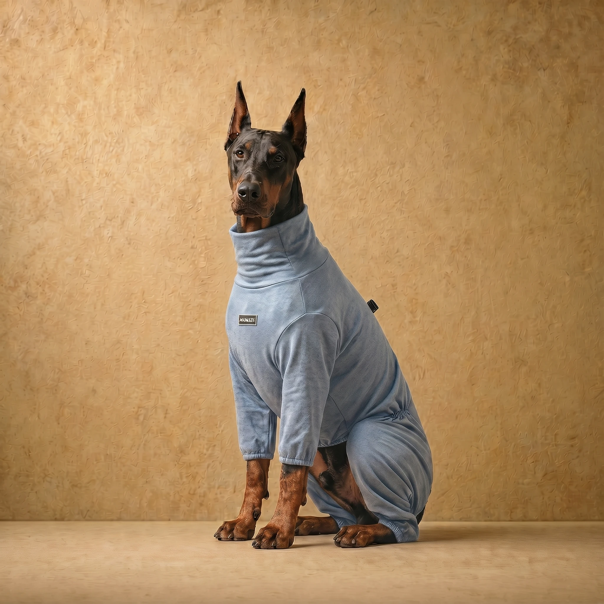 Doberman in a heather grey recovery suit with high neck and full coverage, designed for deep-chested breeds, sitting calmly against a warm textured backdrop.