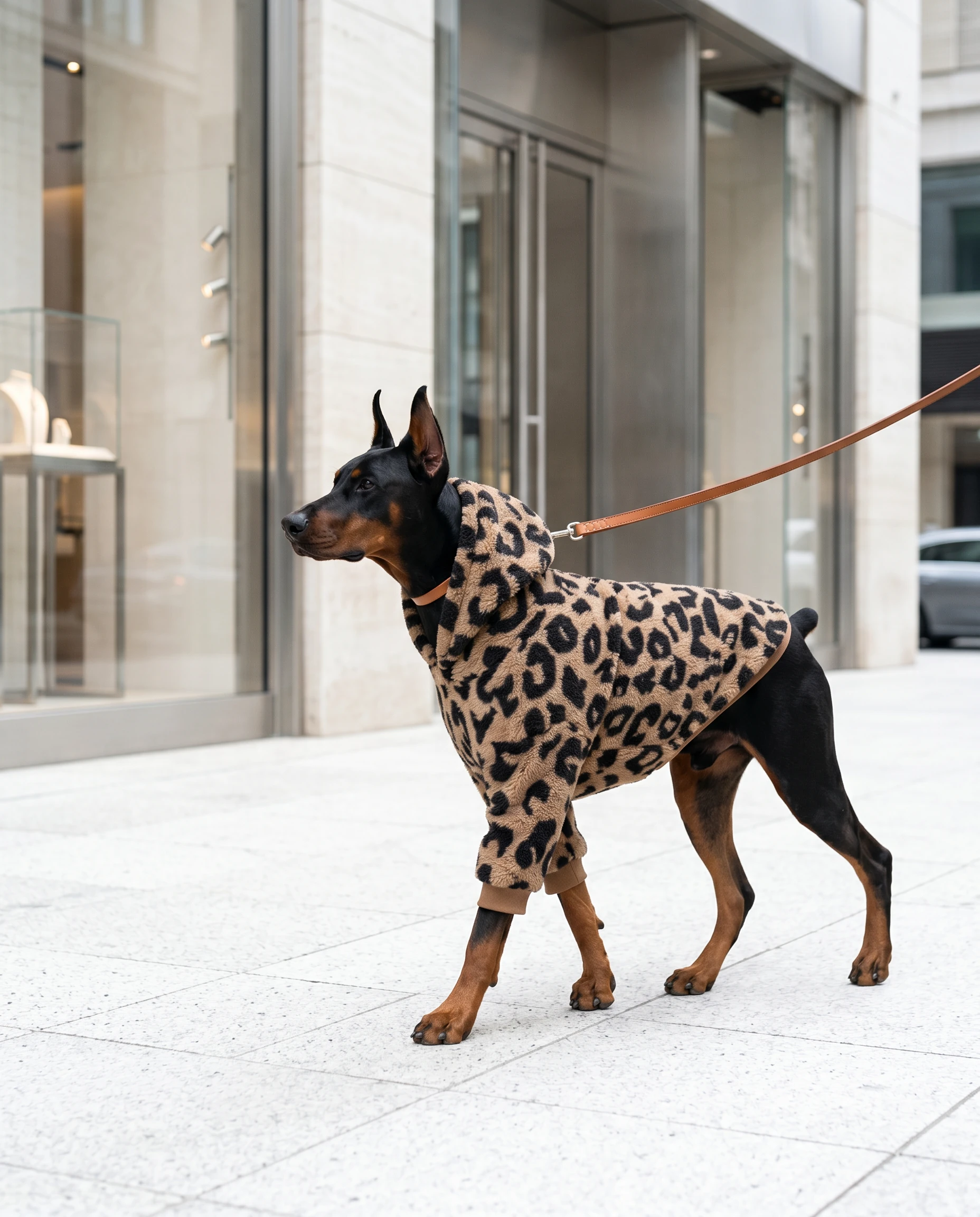 Doberman in NookPaws™ Deep Chest Sherpa Hoodie, featuring high-pile leopard-print fleece, designed for deep-chested dogs with a minimalist, functional fit on a city walk.
