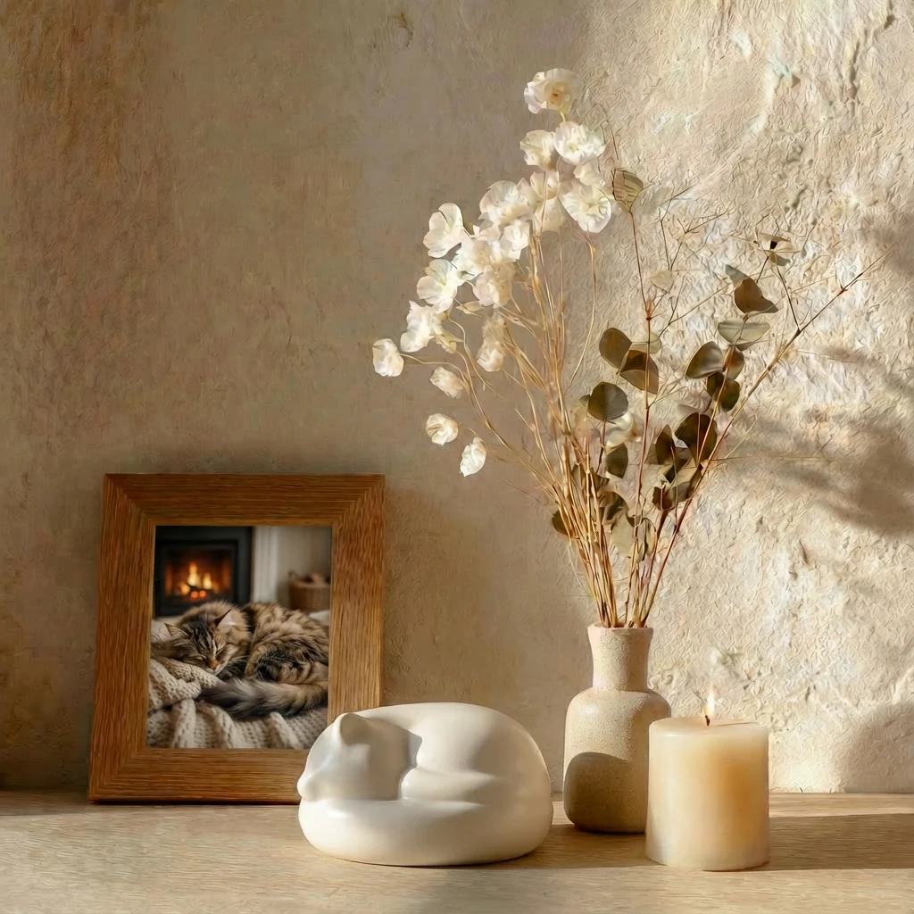A serene ceramic cat-shaped pet memorial urn rests on a wooden shelf beside a framed photo of a sleeping cat, dried flowers, and a lit candle, embodying harmonious pet living in a minimalist interior.