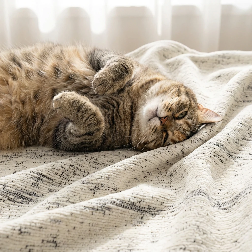 A tabby cat rests peacefully on a textured cream chenille throw with subtle gray speckles, nestled in soft folds under natural light—harmonious pet living in a calm, minimalist space.