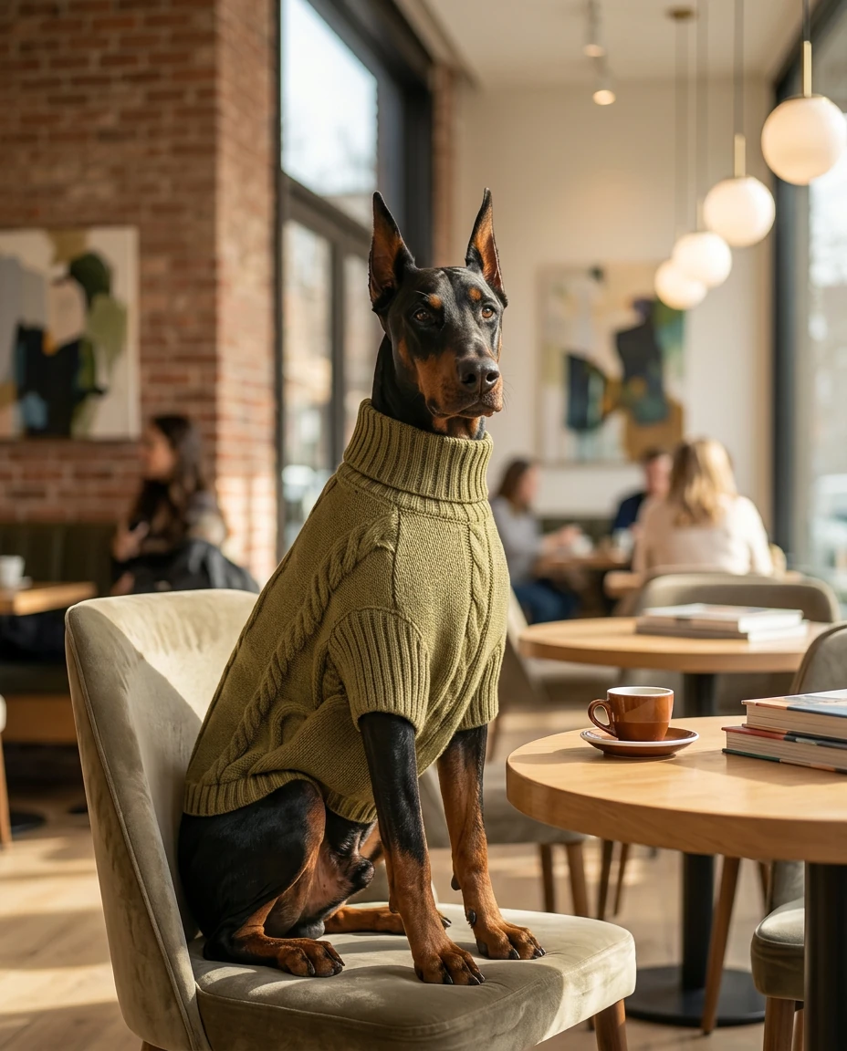 Doberman in olive cable-knit sweater, sitting calmly in a minimalist café with warm lighting and textured knit details.