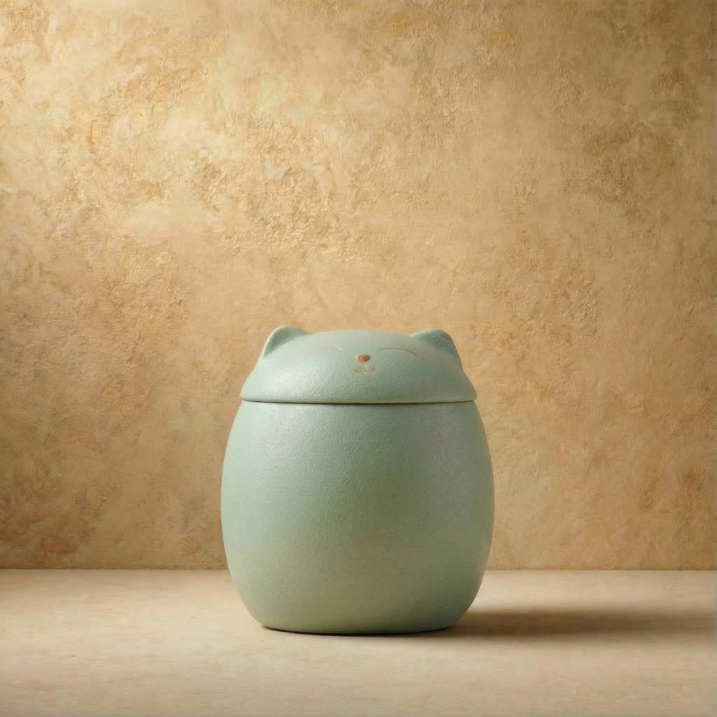 Moss green ceramic pet memorial jar with soft cat silhouette lid, minimalist design, smooth matte finish, set against textured beige backdrop, embodying wabi-sabi aesthetic and harmonious pet living.