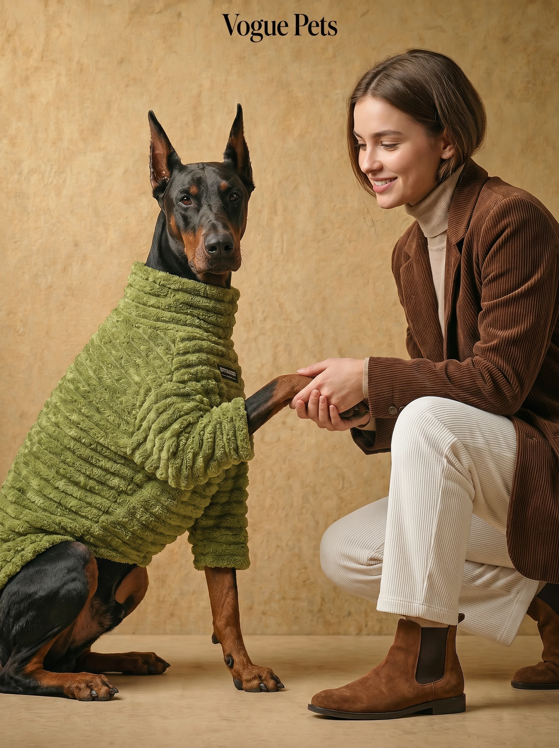 Doberman in striped fleece sweater, high-neck design, textured green fabric, natural light, minimalist earth tones, calm functional fit for deep-chested breeds