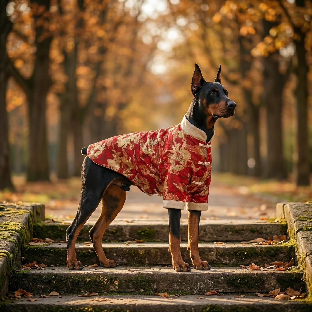 Doberman in red heritage coat with golden dragon weave, standing on mossy stone steps in autumn light, tailored fit for deep-chested breed