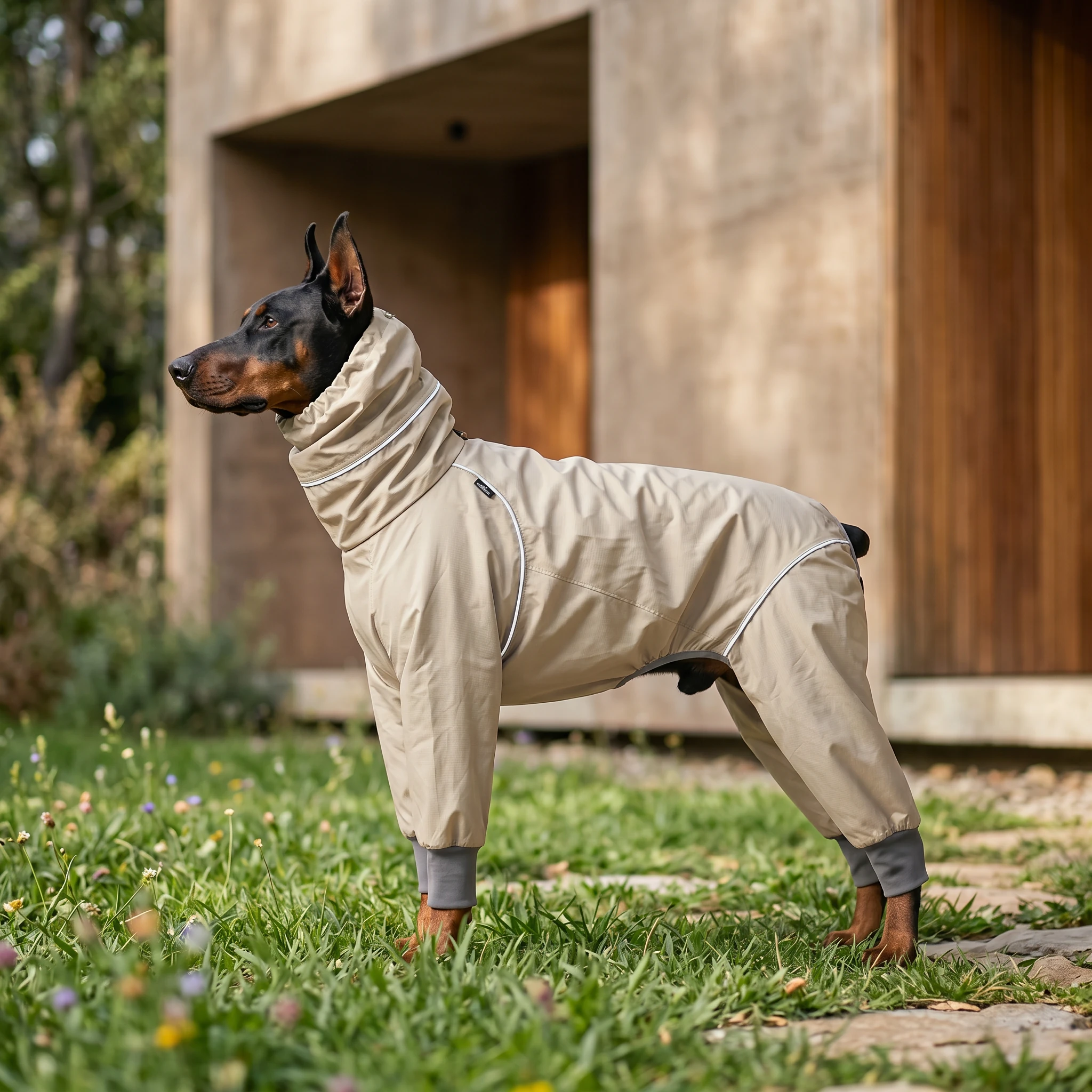 Doberman in NookPaws rain layer, full-coverage waterproof coat with snug fit, standing alert in sunlit garden, minimalist design for deep-chested breeds, neutral tones, natural light, textured fabric, calm posture.