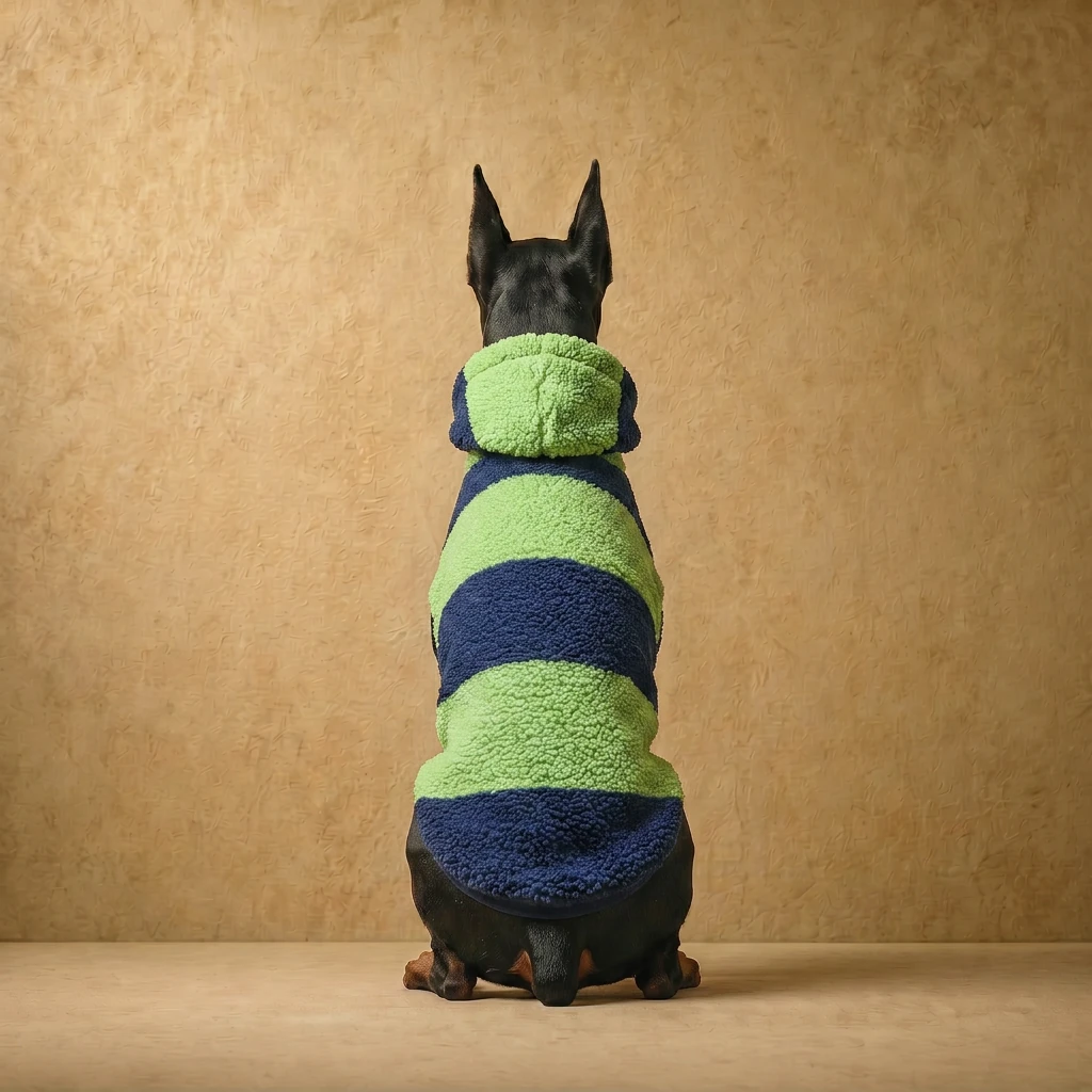 Doberman in a striped green and navy sherpa sweater, showcasing a close athletic fit for deep-chested breeds, with soft high-pile fleece and a snug hood.