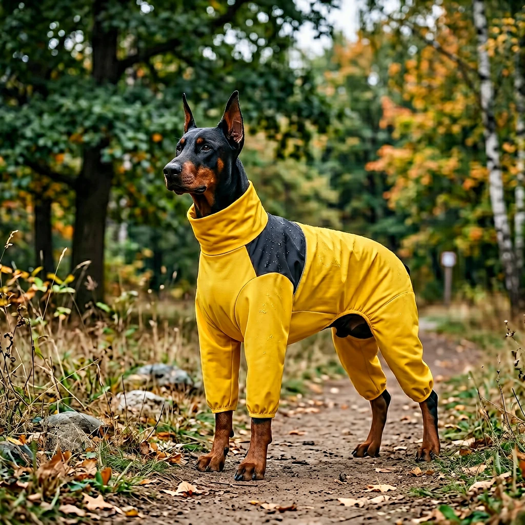 Doberman in NookPaws™ full-coverage rain layer, Yellow with black back panel, standing on leafy forest trail, minimalist design for deep-chested dogs, waterproof fabric with subtle texture, soft natural lighting.