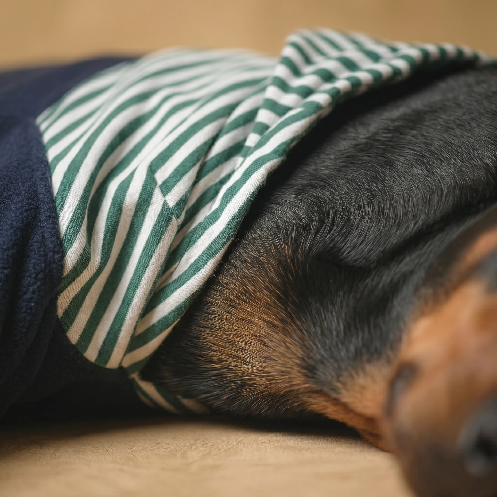 Doberman resting in NookPaws™ full-coverage layer, green-white striped fabric draped over deep chest, navy fleece lining visible, soft warm lighting, minimalist calm design for deep-chested dogs.
