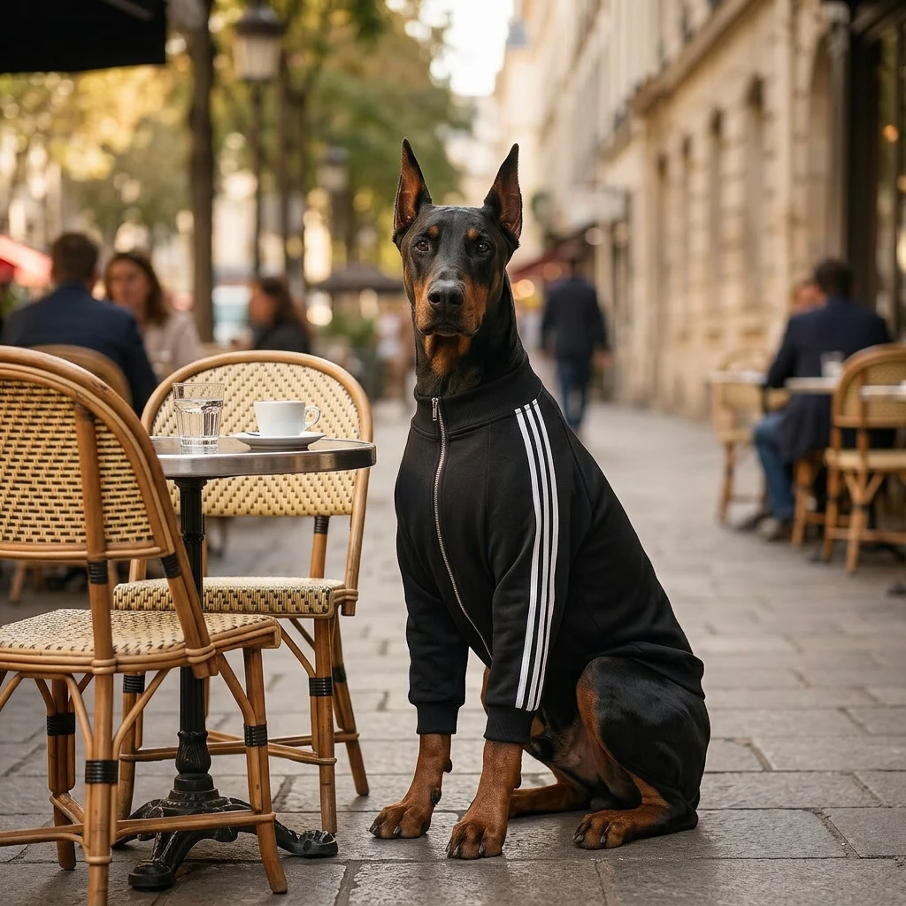 Doberman in NookPaws zip-up hoodie, minimalist black fabric with white stripes, seated at Parisian café, soft golden light, calm urban scene.