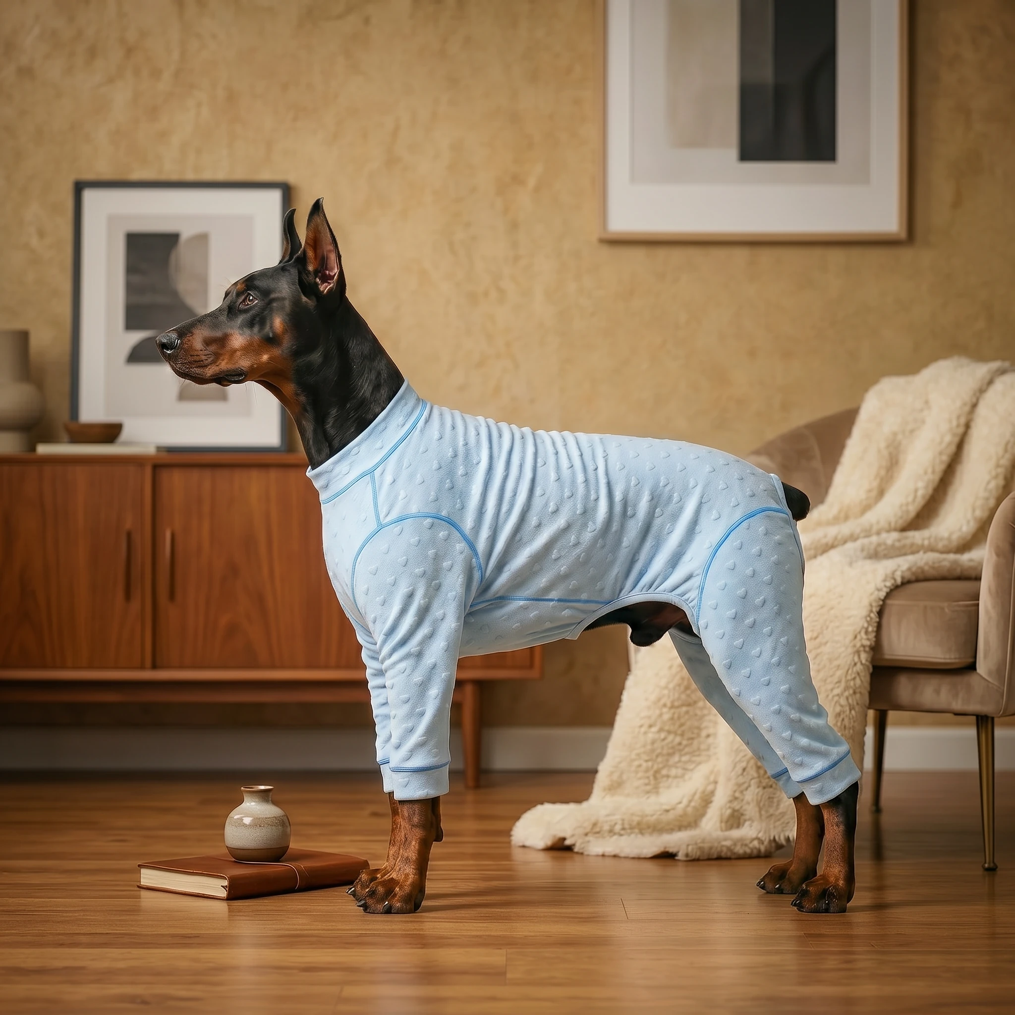 Doberman wearing NookPaws™ Deep Chest Indoor Layer — a breathable, textured blue recovery suit with subtle heart pattern, designed for deep-chested breeds, in warm, minimalist living room lighting.