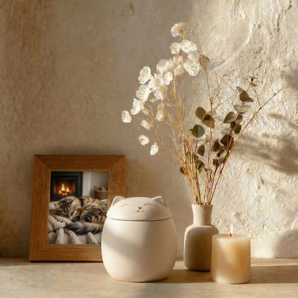 Cream ceramic pet memorial jar with cat silhouette lid sits beside dried blooms and candle on wooden surface, framed photo of sleeping cat nearby, warm textured wall in background, minimalist interior with wabi-sabi aesthetic