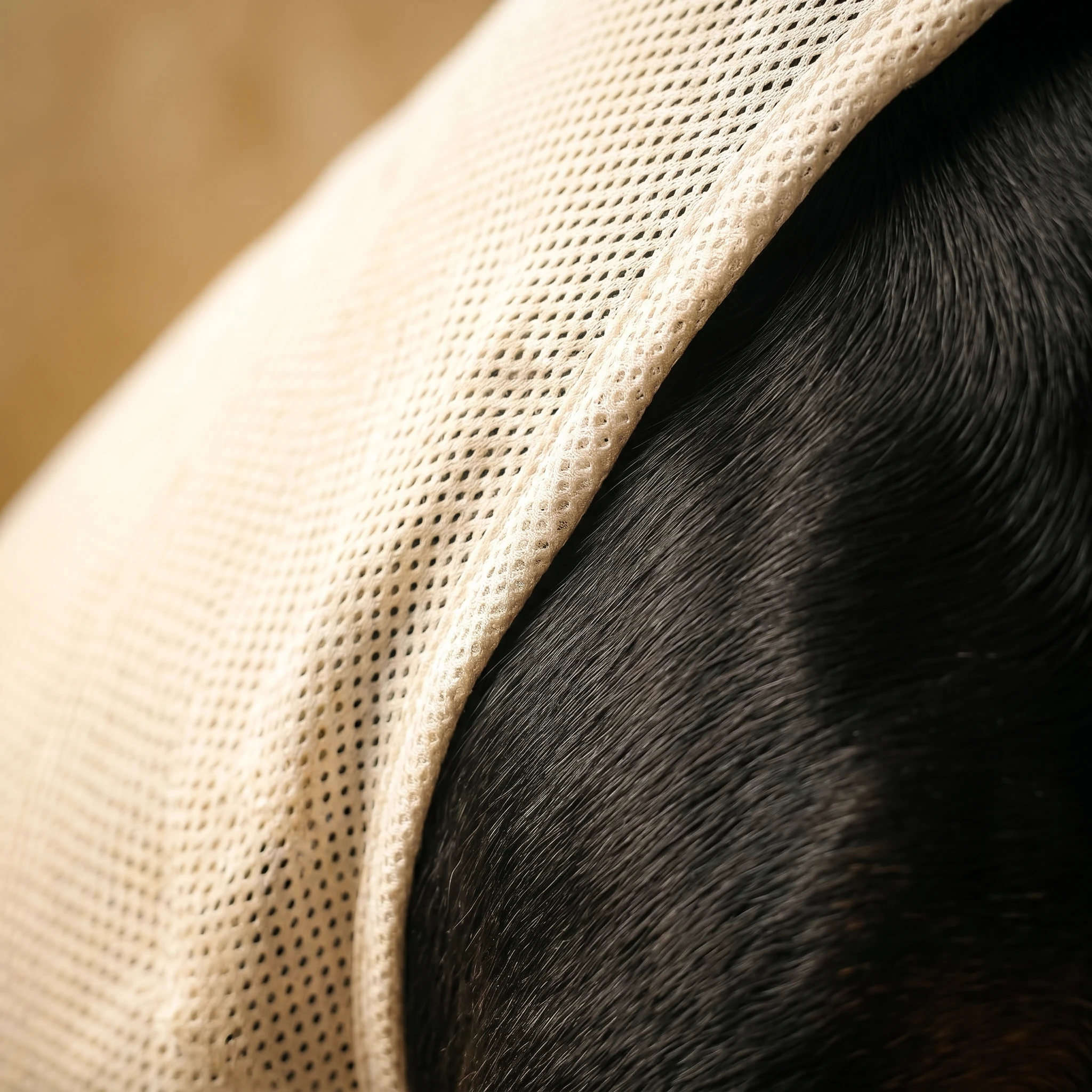 Close-up of NookPaws Deep Chest Sherpa Sweater’s breathable mesh lining with black-and-white ribbed trim, highlighting functional design for large-breed comfort.