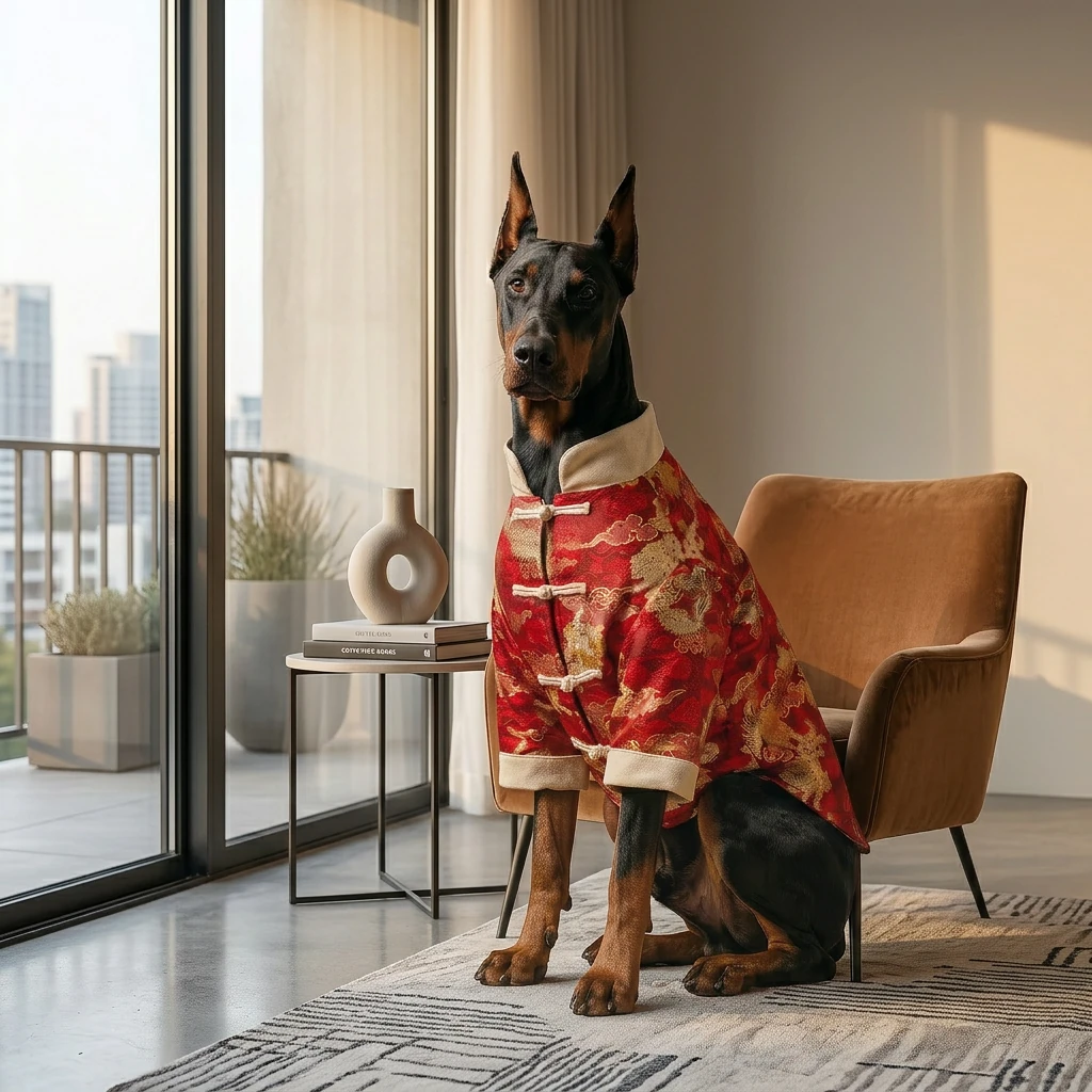 Doberman in NookPaws Heritage Coat with red brocade fabric and cream trim, seated in minimalist living space with soft sunlight, showcasing deep-chested fit and calm elegance.