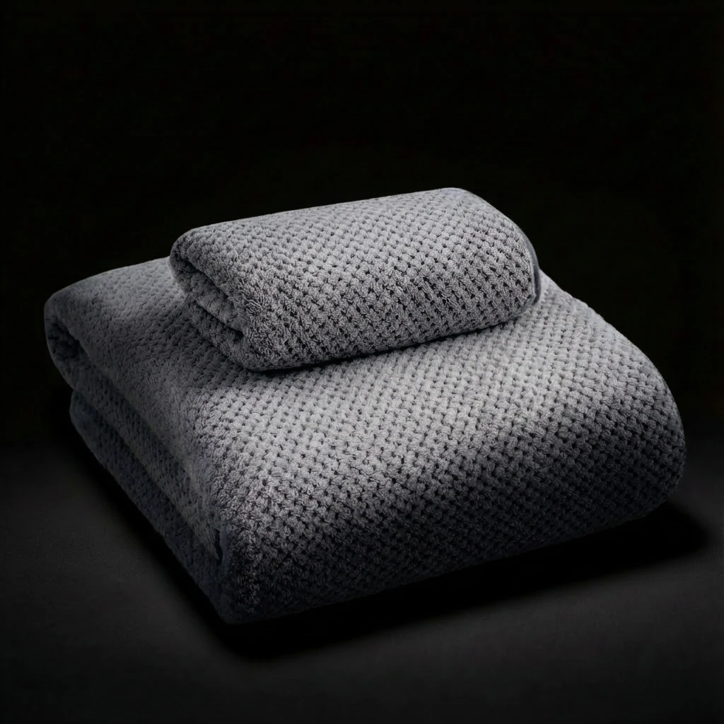 Soft Moon Rock Grey waffle-weave coral fleece towels, folded with quiet elegance, showcasing a tactile texture and calm interior styling.