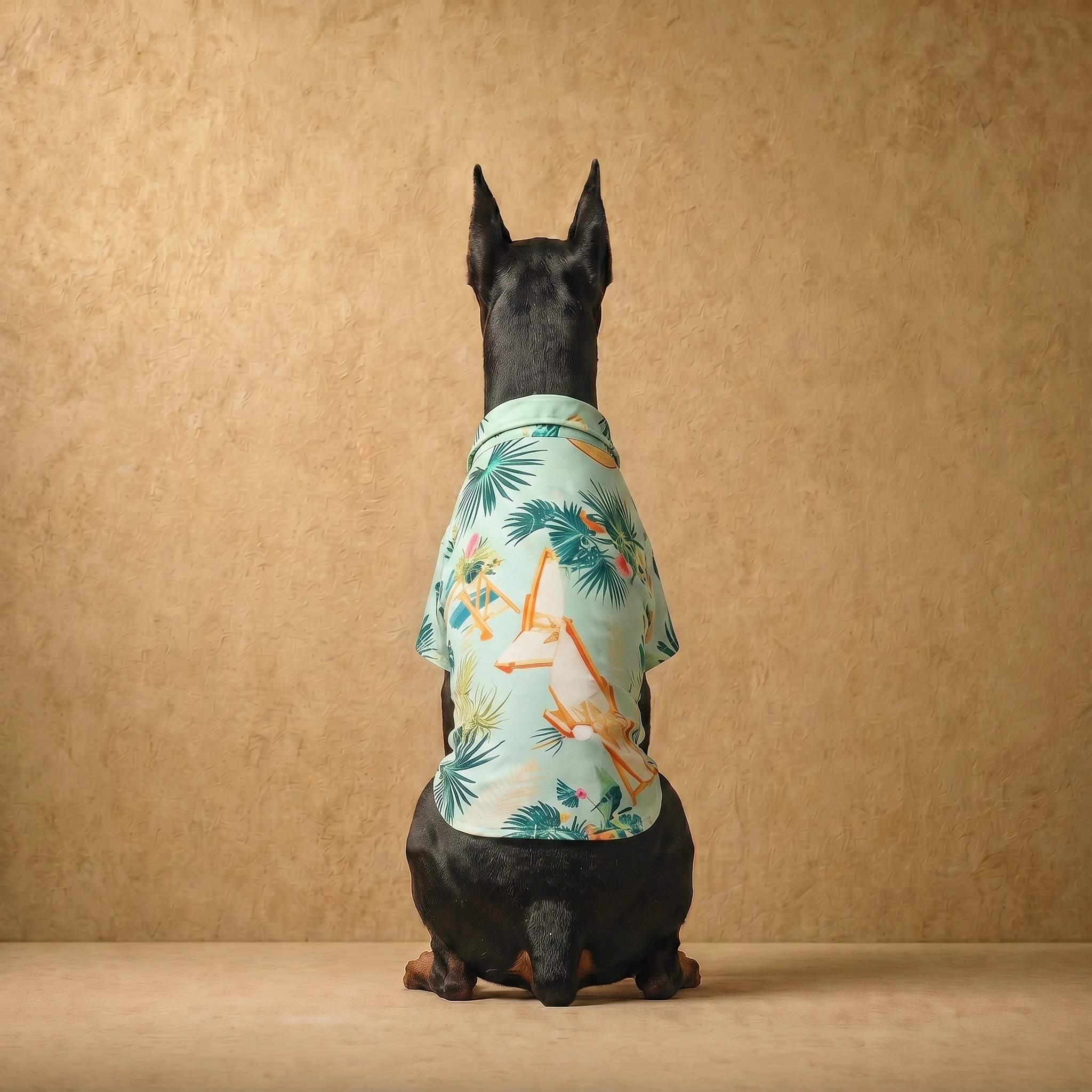 Doberman in a lightweight summer shirt with tropical print, showcasing a clean fit over its deep chest and lean frame, in a soft mint base with palm fronds and beach chairs, designed for large dogs.