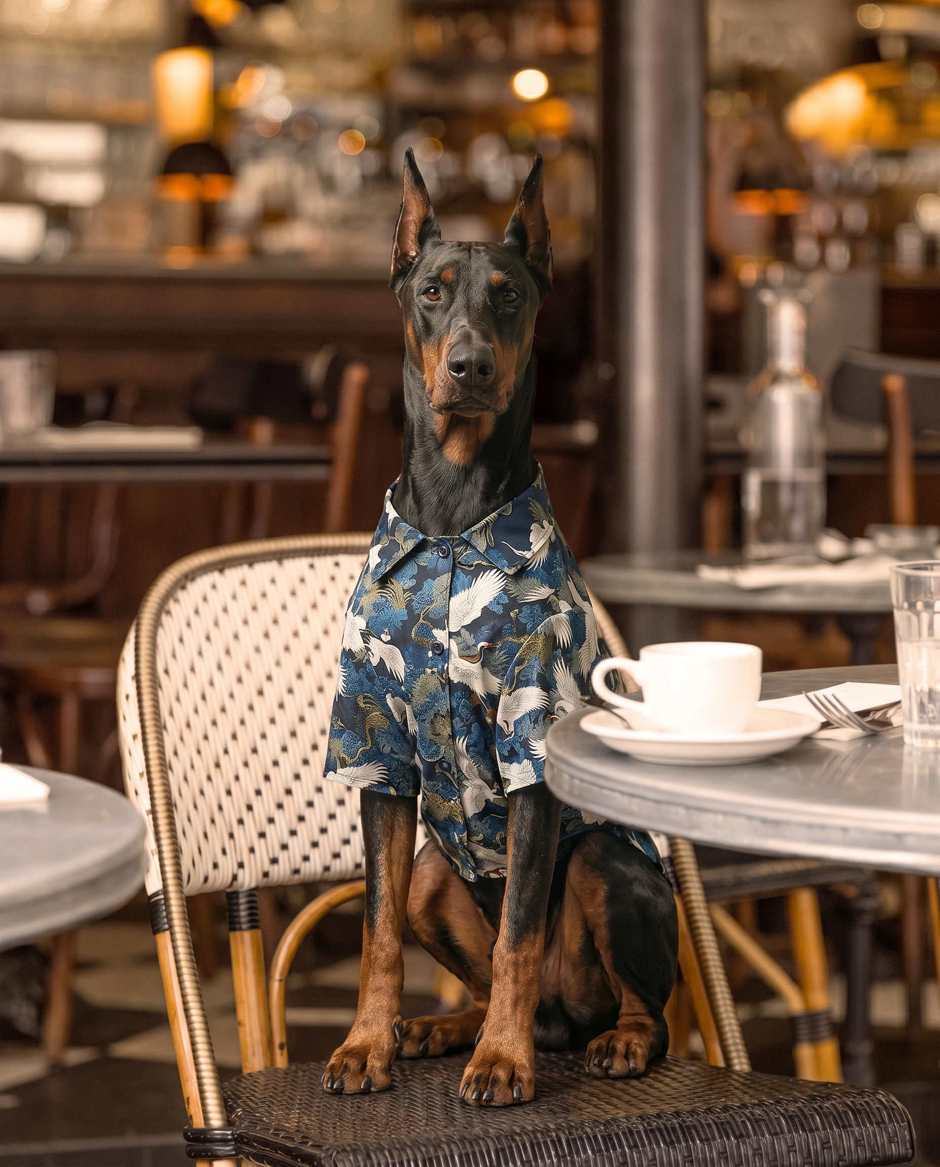 Doberman in NookPaws™ Lightweight Shirt with crane print, seated calmly at café table, breathable fabric draping naturally over deep chest, warm ambient lighting, minimalist urban setting.