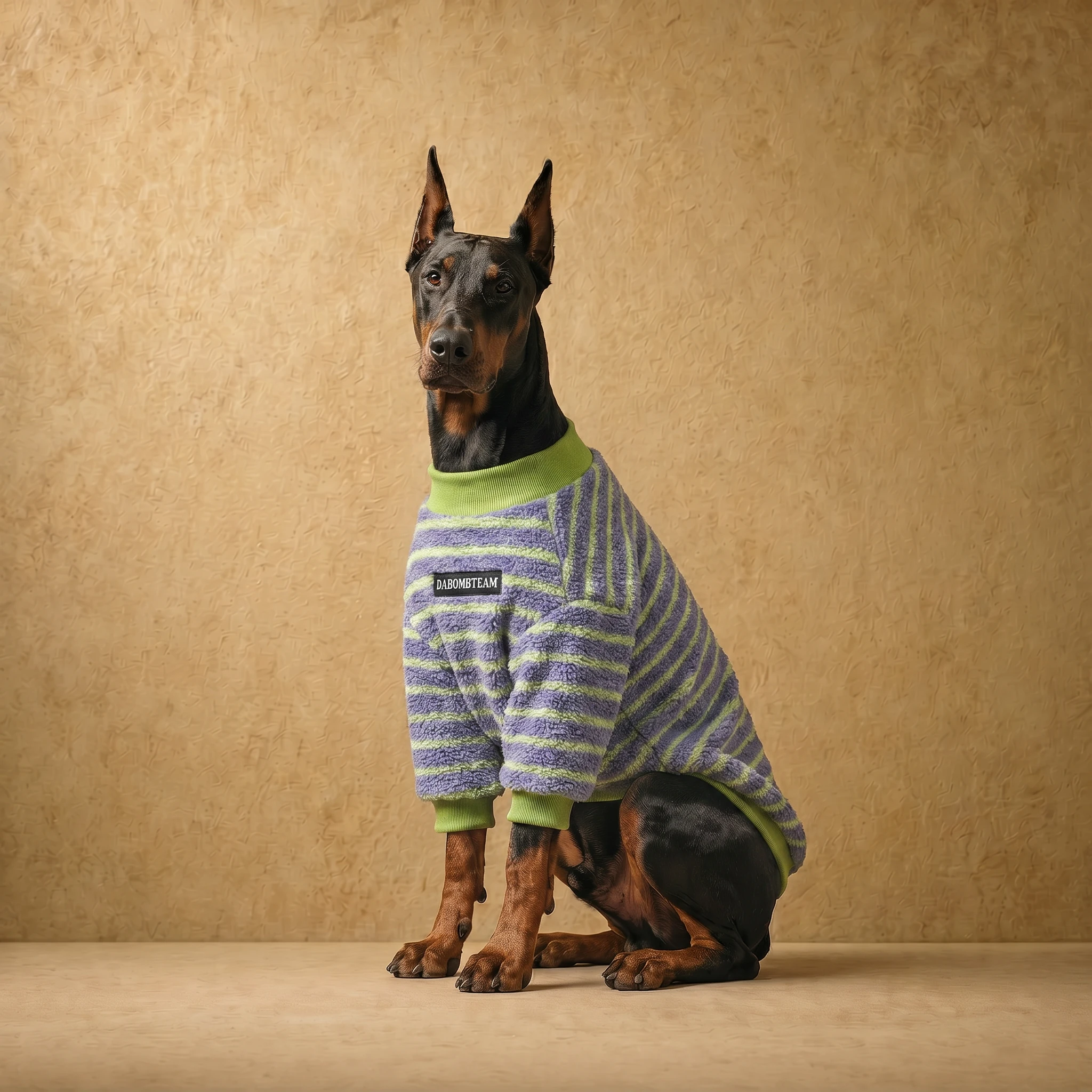 Doberman in a soft sage green and purple striped fleece sweater with ribbed trim, designed for deep chests and athletic builds, offering close, comfortable coverage.