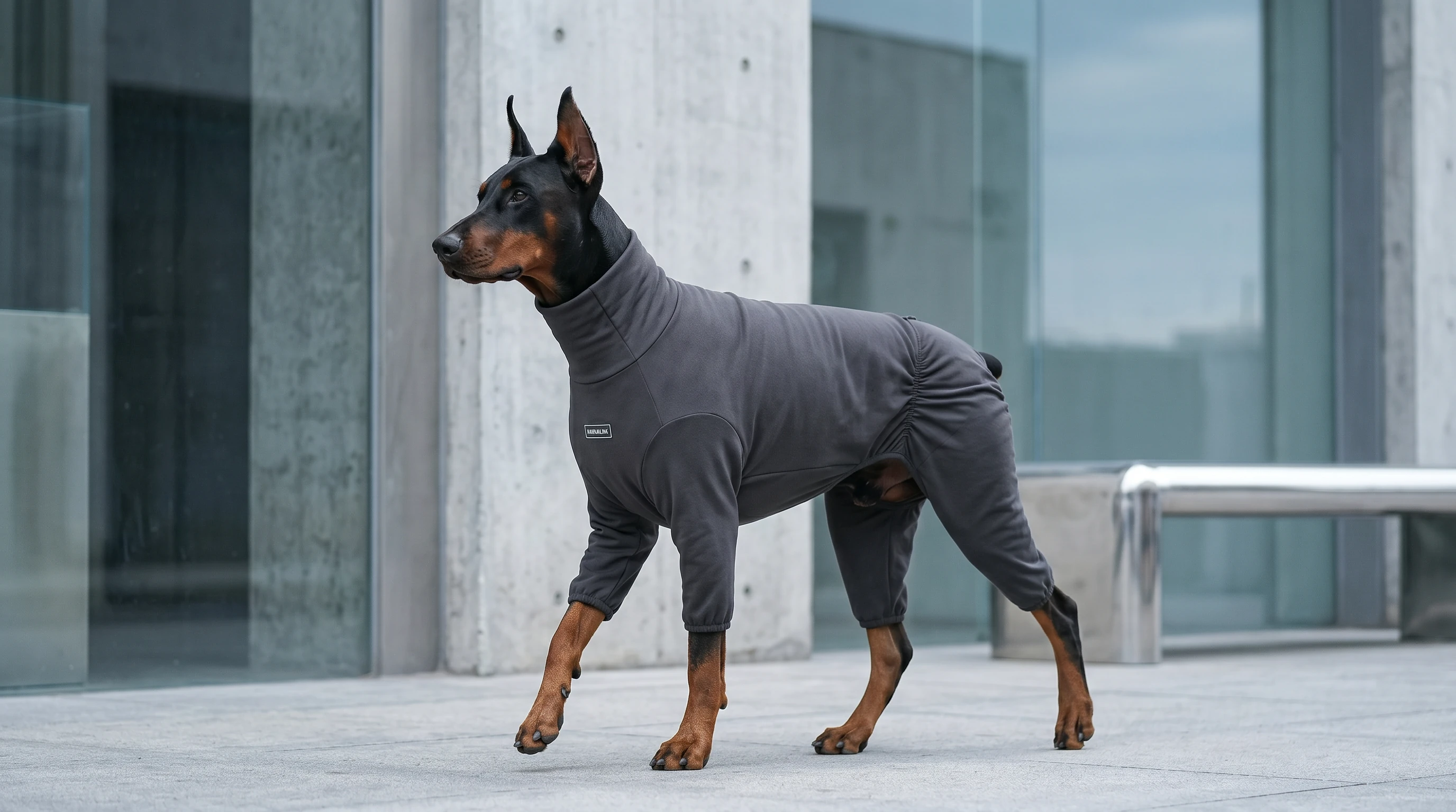 Doberman in NookPaws™ Recovery Suit, soft gray high-stretch fabric, minimalist design for deep-chested breeds, calm walk on concrete terrace, natural light, quiet functionality