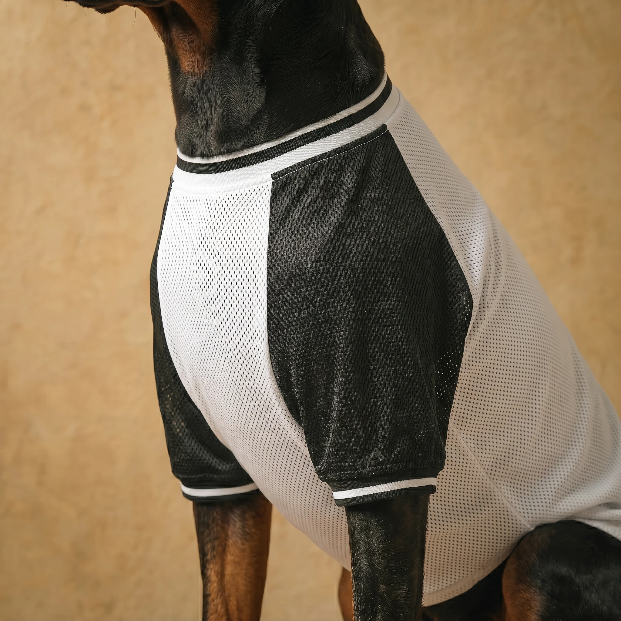 Doberman wearing NookPaws™ Deep Chest Sherpa Sweater — white mesh body with black sleeves, minimalist design for deep-chested breeds, soft texture, neutral backdrop, calm lighting.