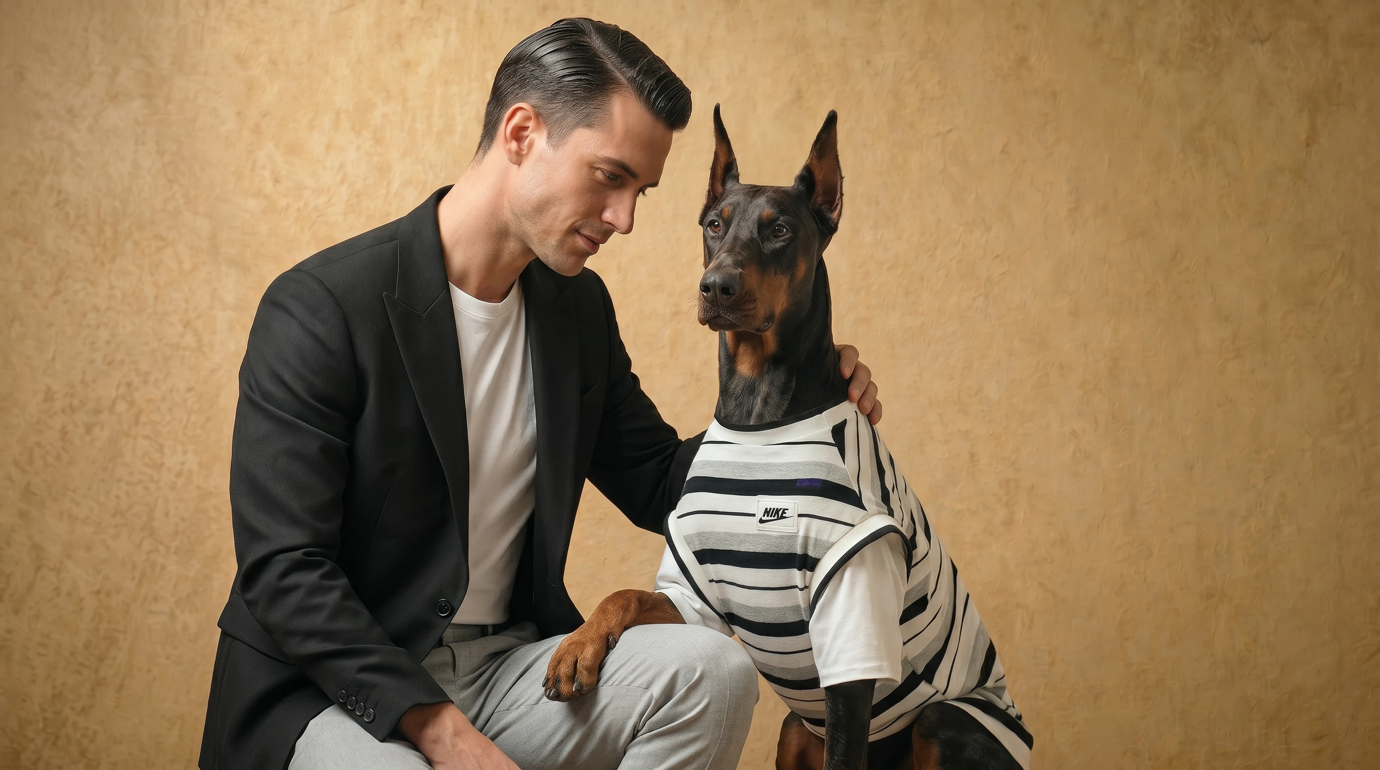 Doberman in minimalist striped shirt designed for deep-chested breeds, soft breathable fabric, warm studio lighting, calm human-dog bond, functional layering for large dogs