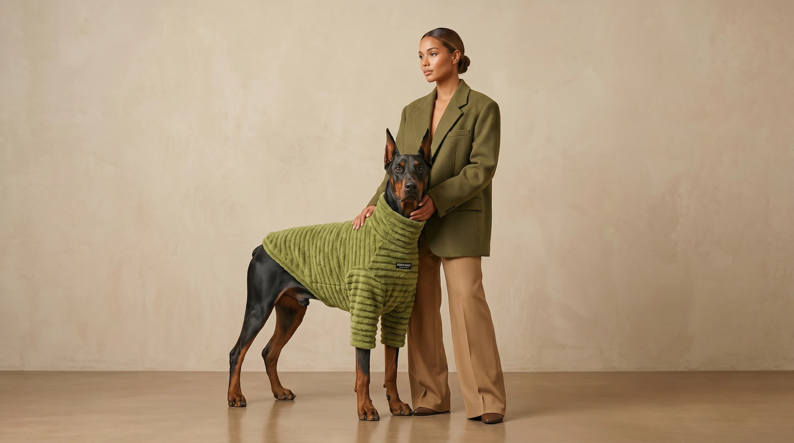 Doberman in olive green ribbed fleece sweater with high neck, designed for deep-chested breeds, standing beside woman in matching blazer, minimalist studio lighting, textured fabric, calm elegance